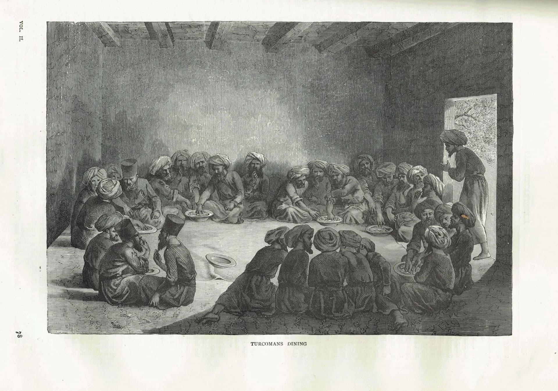 1871 Turcomans Dining - Antique Engraving - Illustrated Travels Central Asia Portrait Scene - 11.5 x 8 in