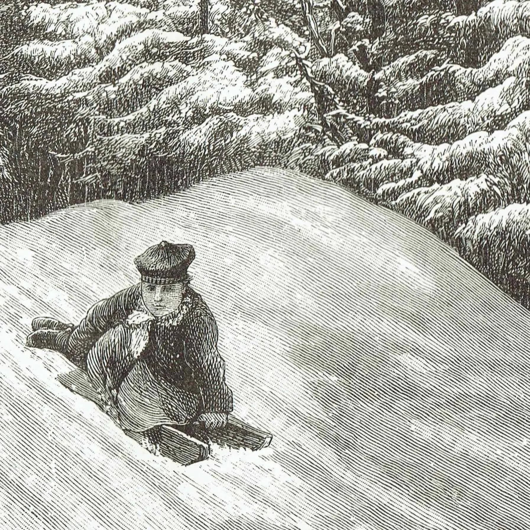 1885 Children Tobogganing Canada - Antique Print By Lorne - Canadian Winter Scene Victorian Sledding Snow Landscape - 10 x 7 in