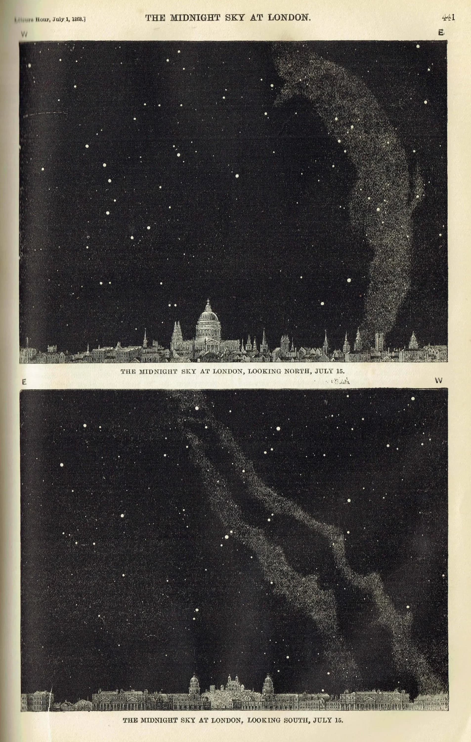 1868 Midnight Sky at London - Original Antique Print - Milky Way Star Chart Victorian Astronomy Night Sky July - 6.25 x 10 in