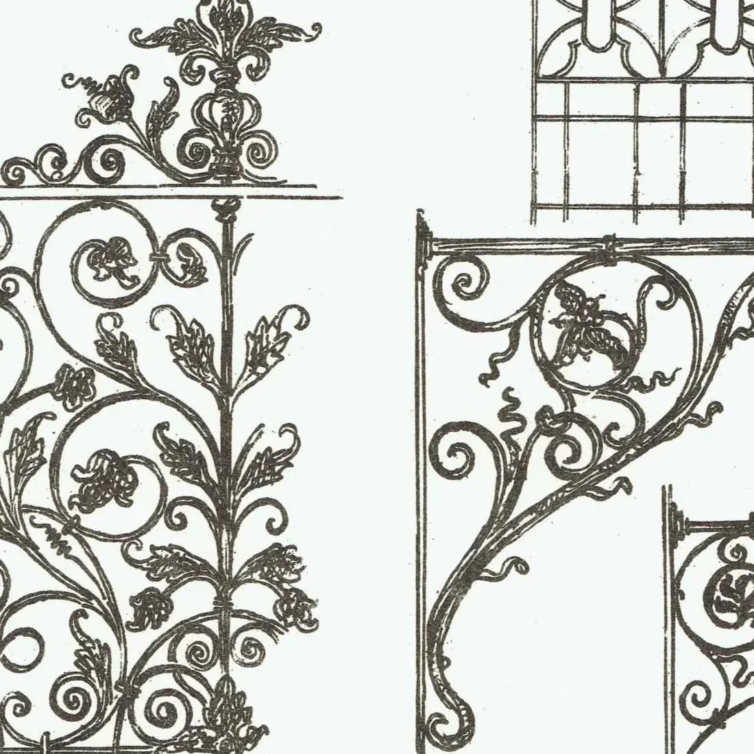 1898 Ornamental Wrought Ironwork - Filling in - Bracket - Finial - Architectural Print - W Fullerton - Building Illustration - 8 x 10.75 in