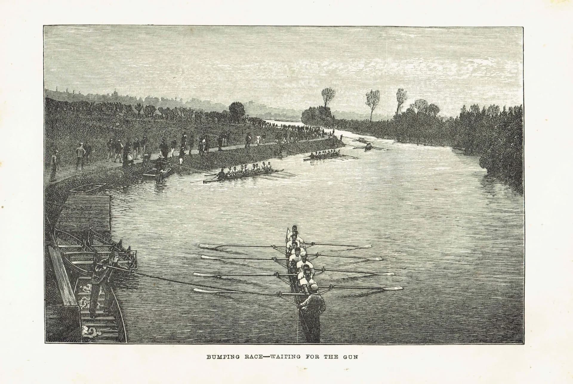 1891 Bumping Race Waiting for the Gun - Original Antique Engraving - Victorian Rowing River Sport Badminton Library - 7 x 4.75 in
