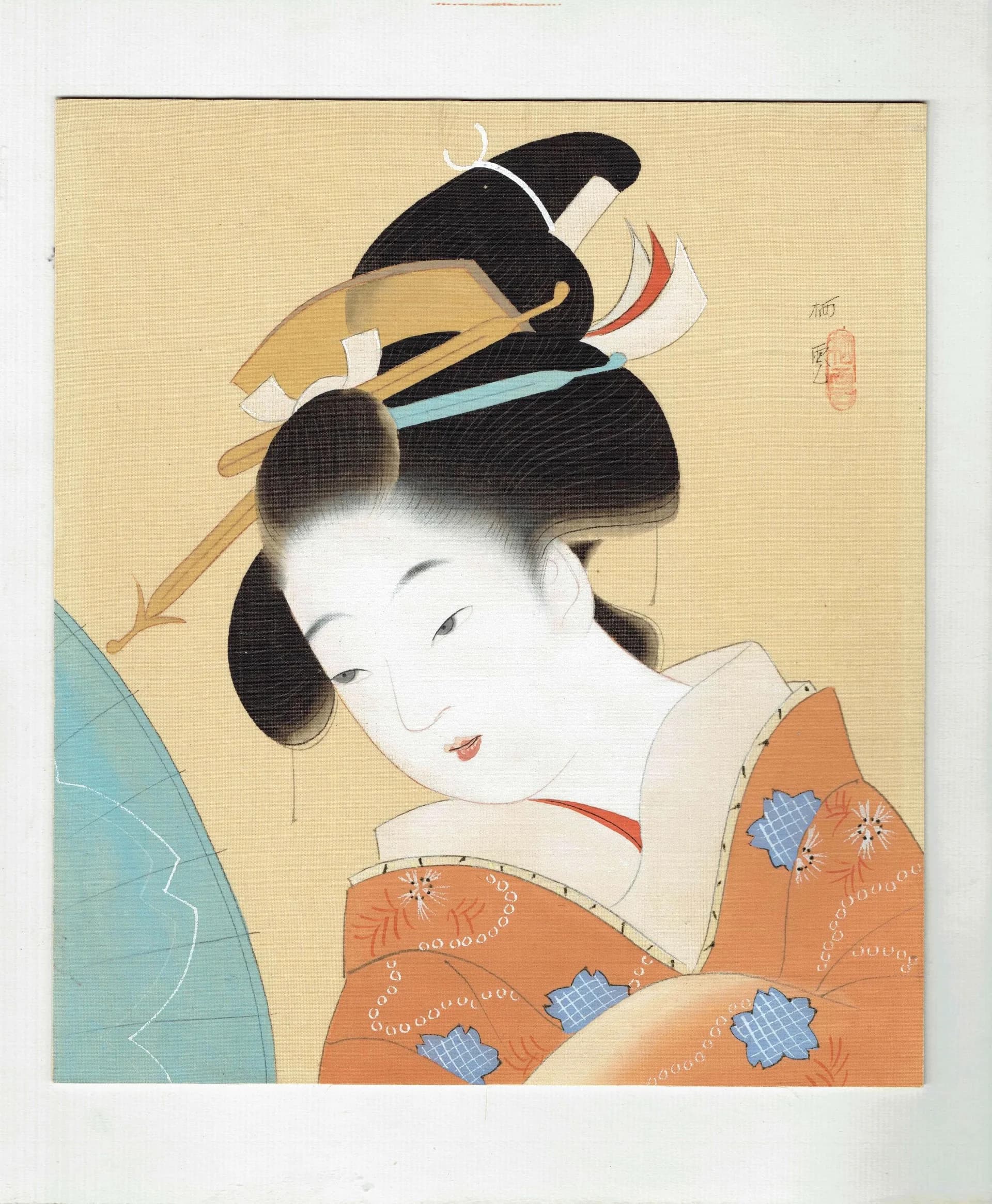 1960s Japanese Bijinga Beauty - Original Vintage Print After Shoen - Early Autumn Kimono Geisha Silk Board Portrait Art - 9 x 10.25 in