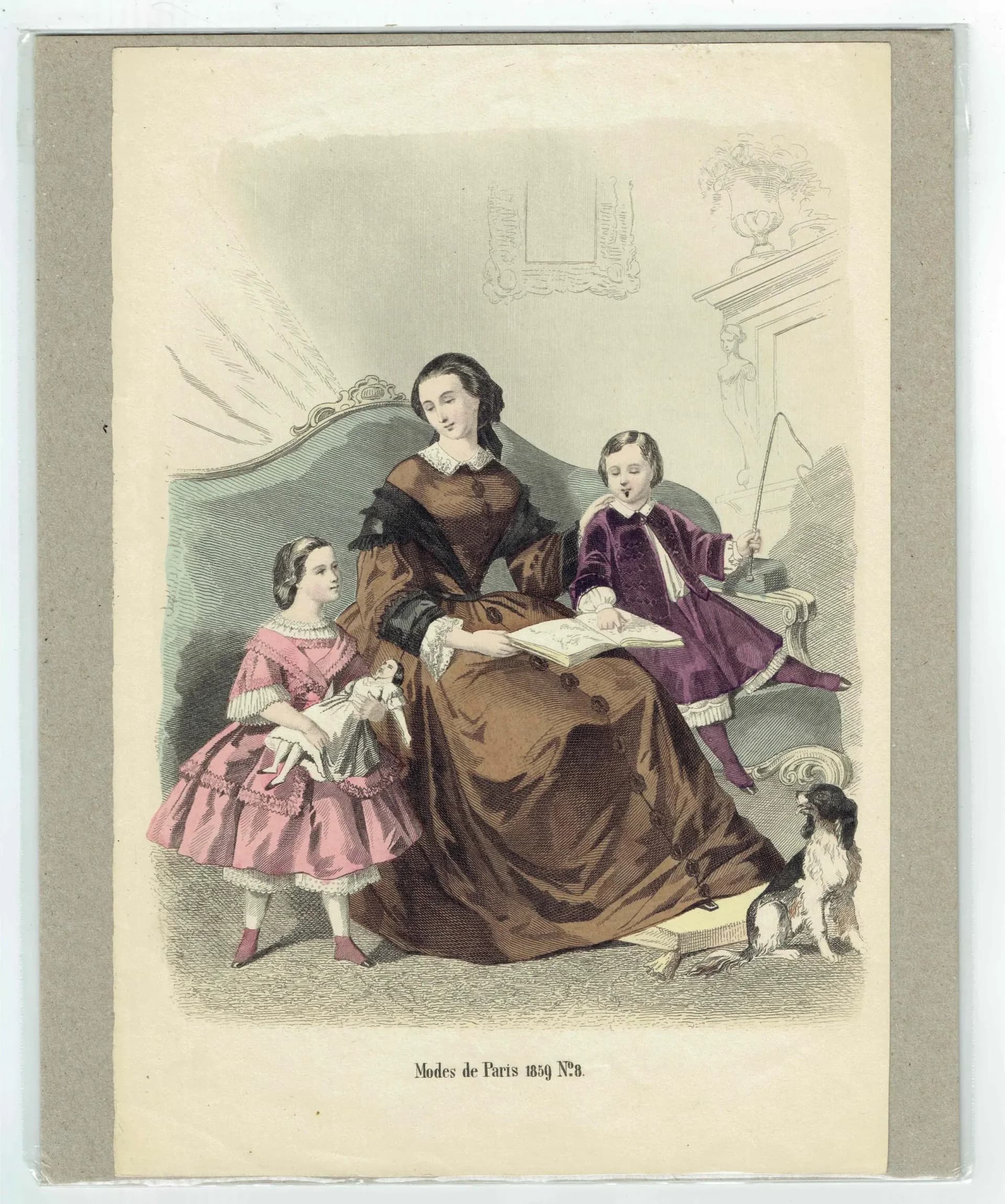 1859 Modes de Paris No.8 Print - Paris Fashion Plate - Victorian Costume Art with Mother & Children - 9.75 x 6.75 in