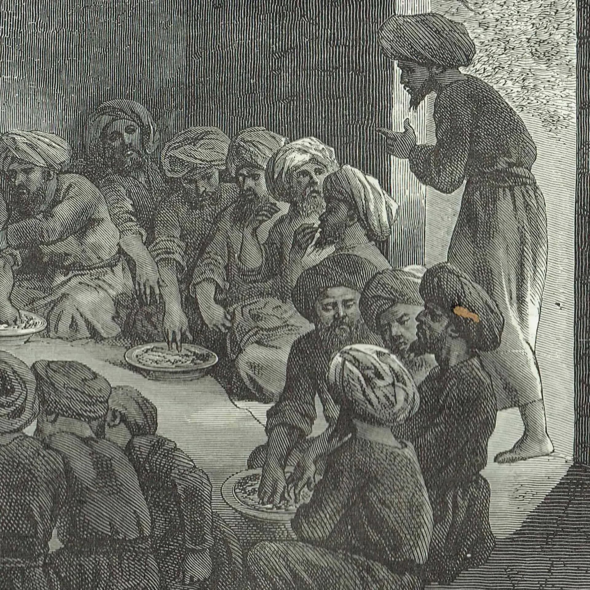 1871 Turcomans Dining - Antique Engraving - Illustrated Travels Central Asia Portrait Scene - 11.5 x 8 in