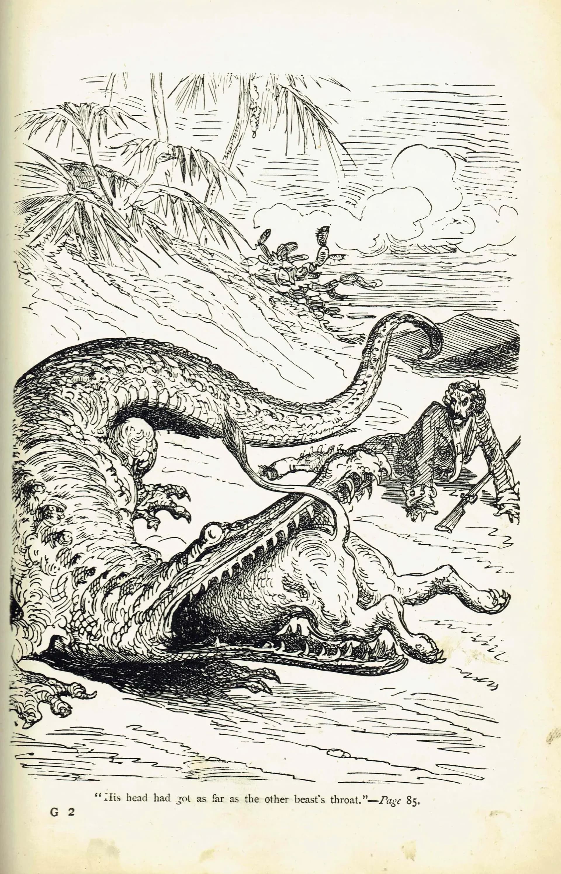 1867 Baron Munchausen Sea Serpent Battle - Original Antique Print By Doré - Fantasy Adventure Literary Illustration - 6 x 9 in