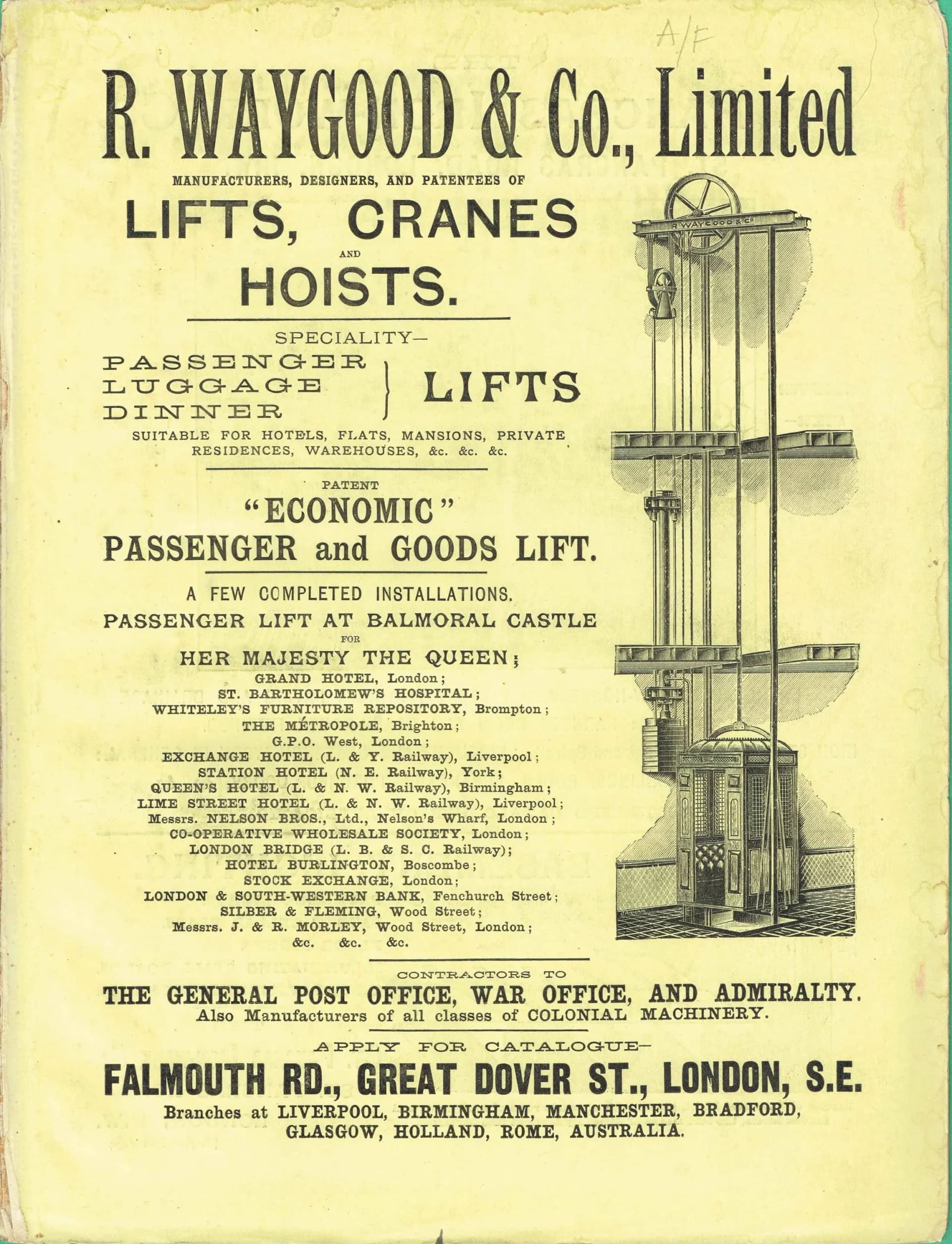 1898 Cranes & Lifts Architectural Print, Balmoral Castle Advertisement