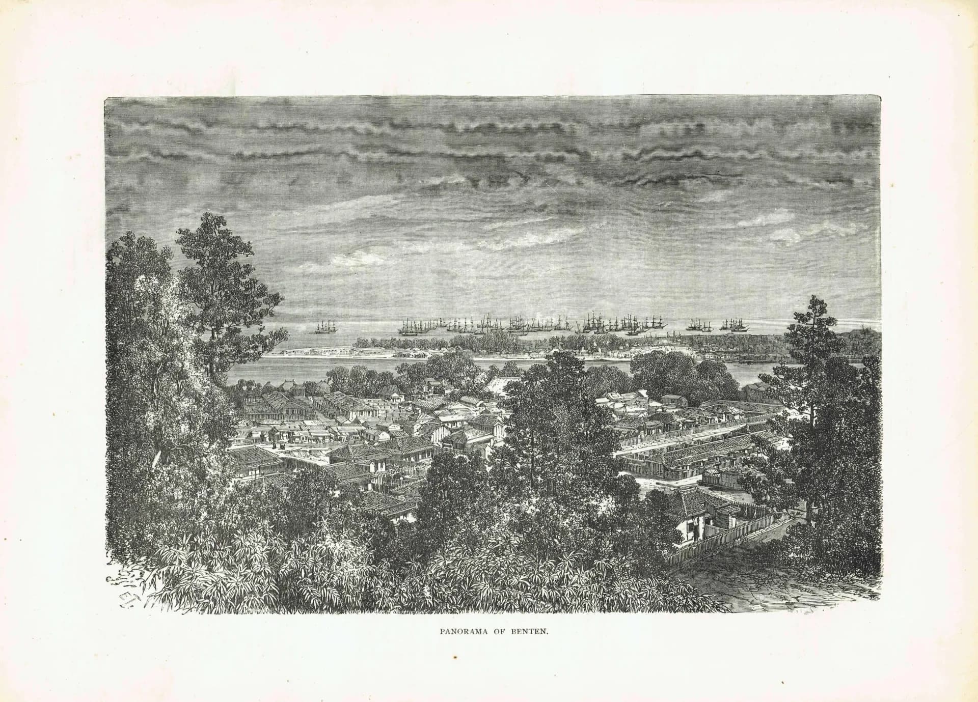 1869 Benten Panorama Japan - Original Antique Engraving - Victorian Travel Geography Harbour Ships Settlement Landscape - 11 x 8.25 in