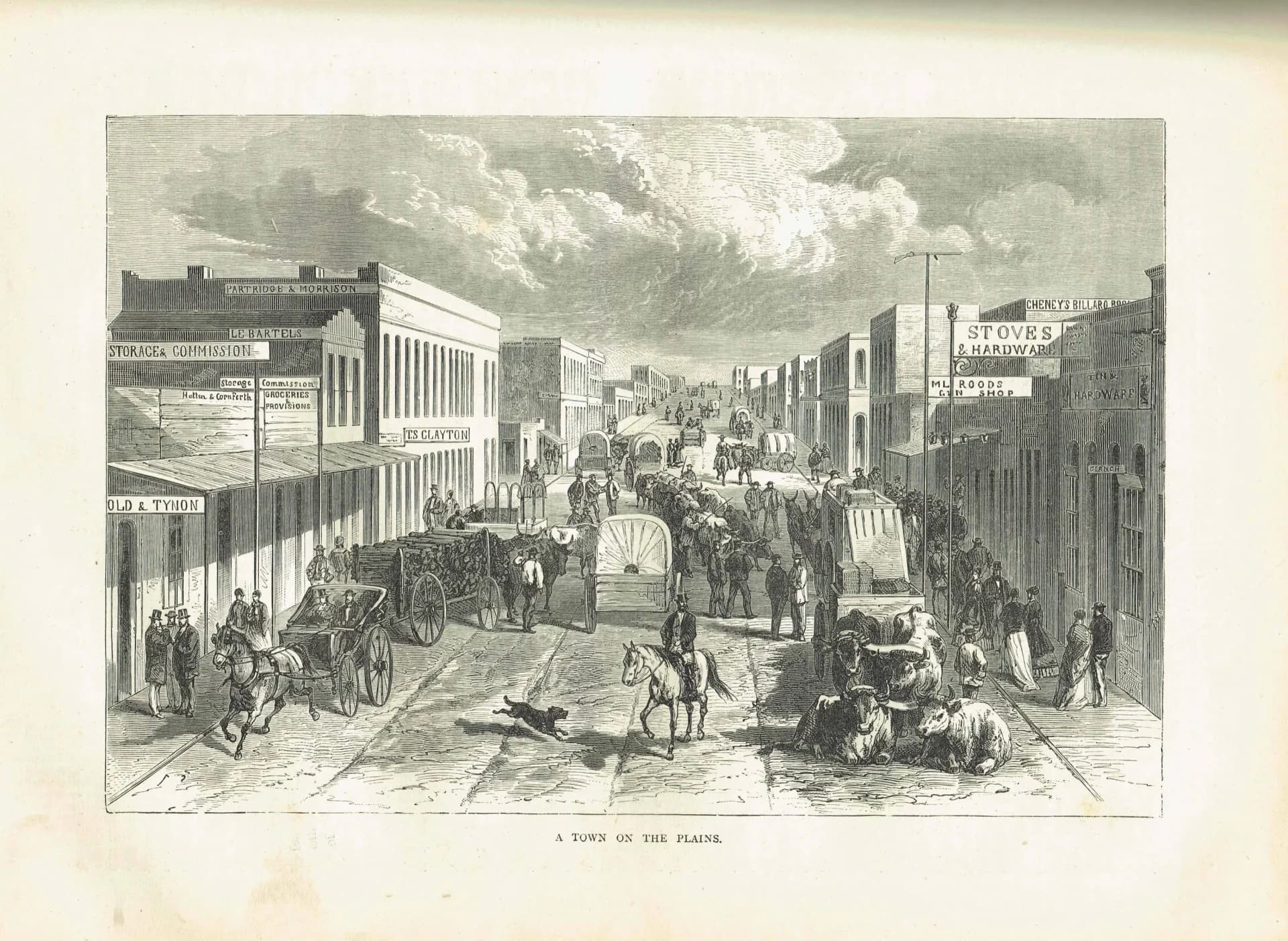 1875 A Town on the Plains - Antique Engraving By Bates - American West Frontier Street Scene Historical Print - 11.5 x 8 in