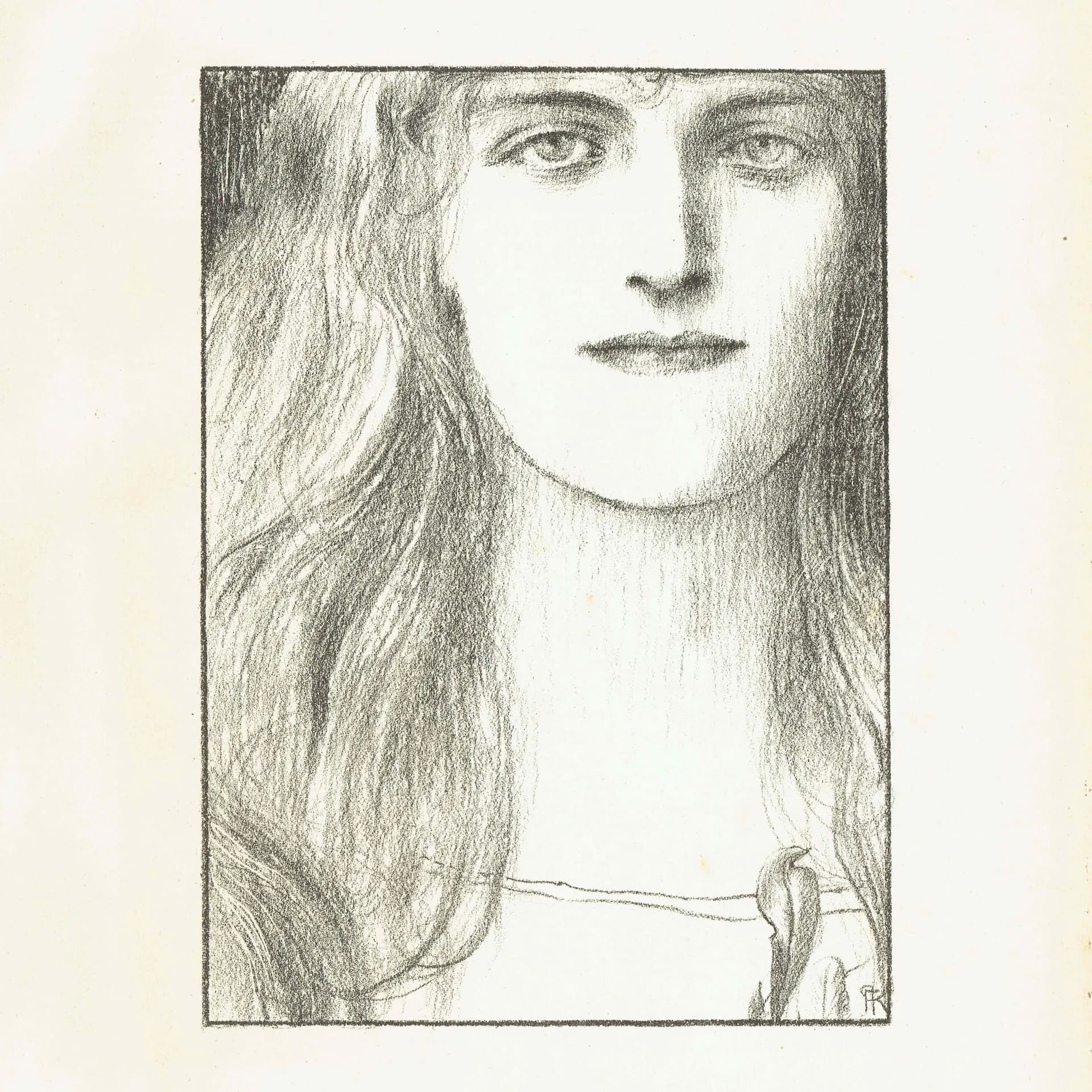 1898 Une Tête de Face - Original Antique Lithograph By Khnopff - Symbolist Portrait The Studio Magazine Art Nouveau - 7.5 x 10.75 in