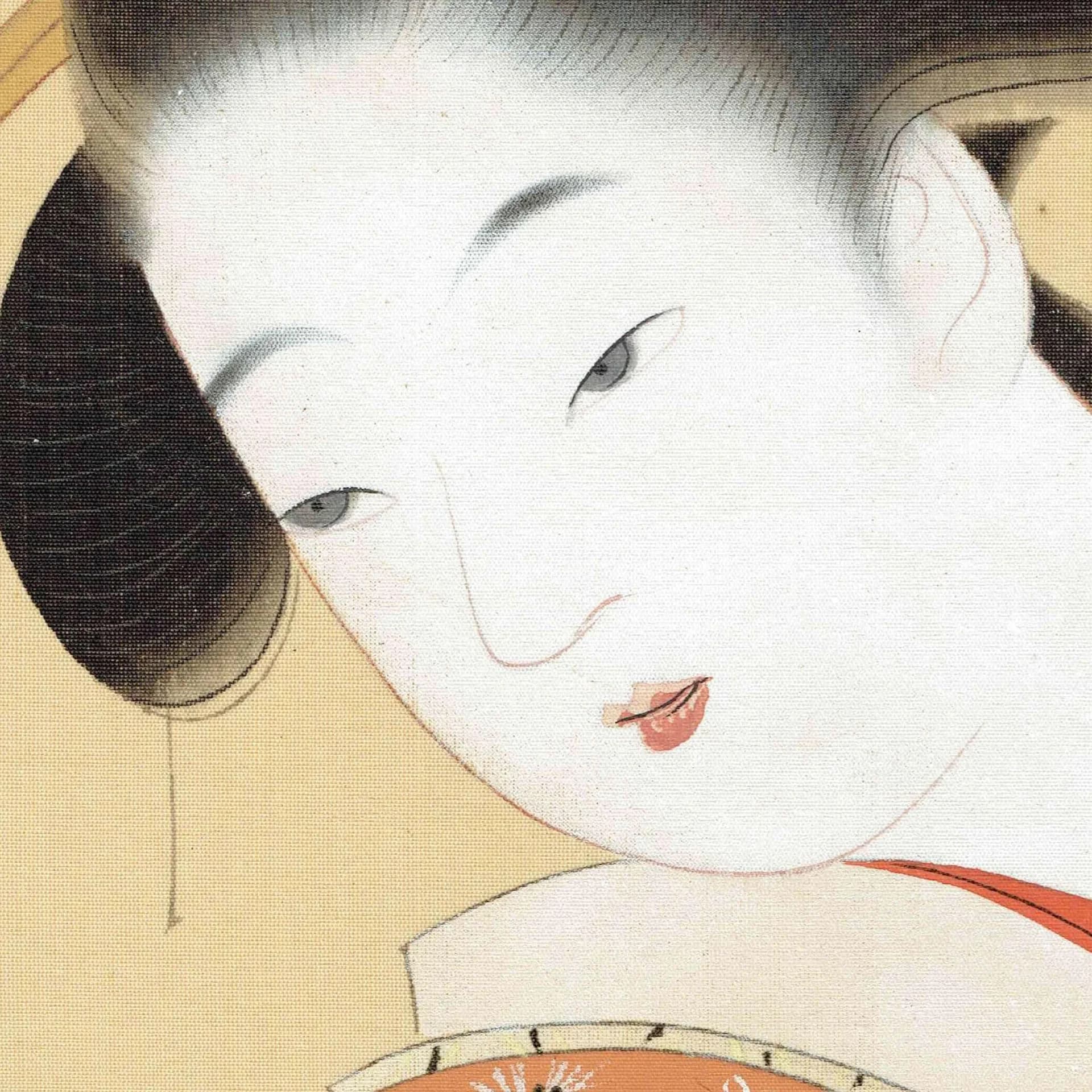 1960s Japanese Bijinga Beauty - Original Vintage Print After Shoen - Early Autumn Kimono Geisha Silk Board Portrait Art - 9 x 10.25 in