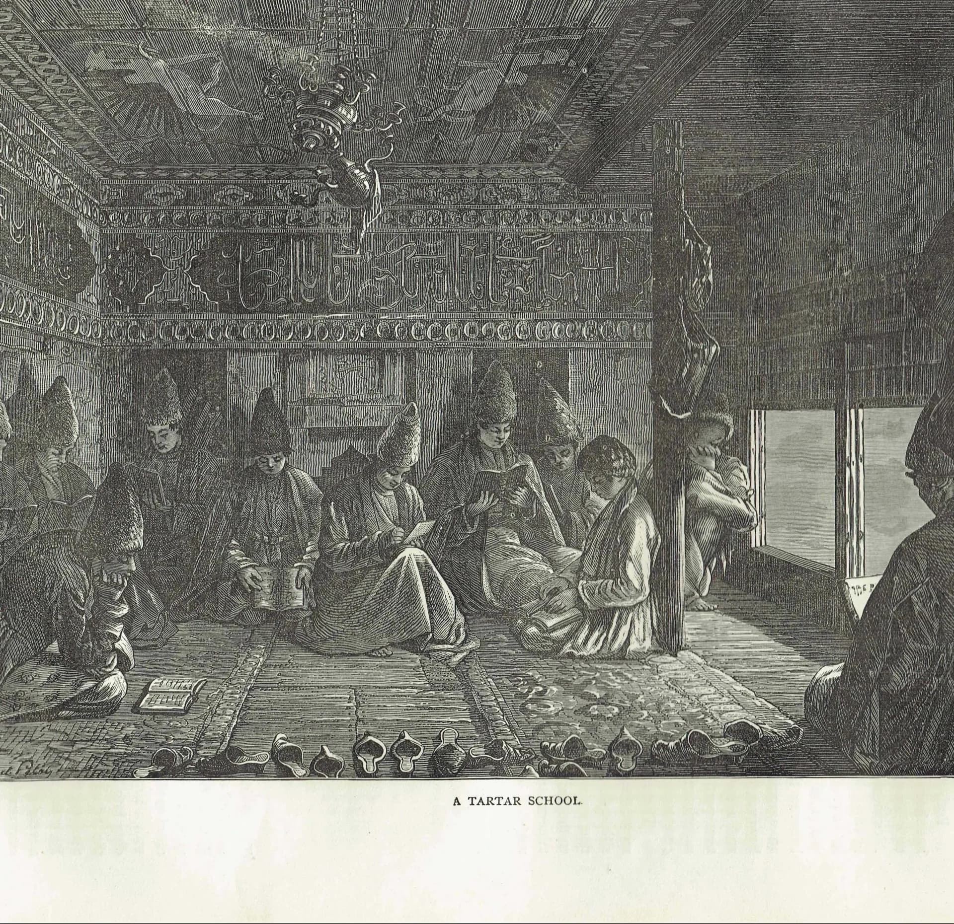 1871 Tartar School Interior - Antique Engraving - Illustrated Travels Victorian Central Asia Portrait Scene - 11.5 x 8 in