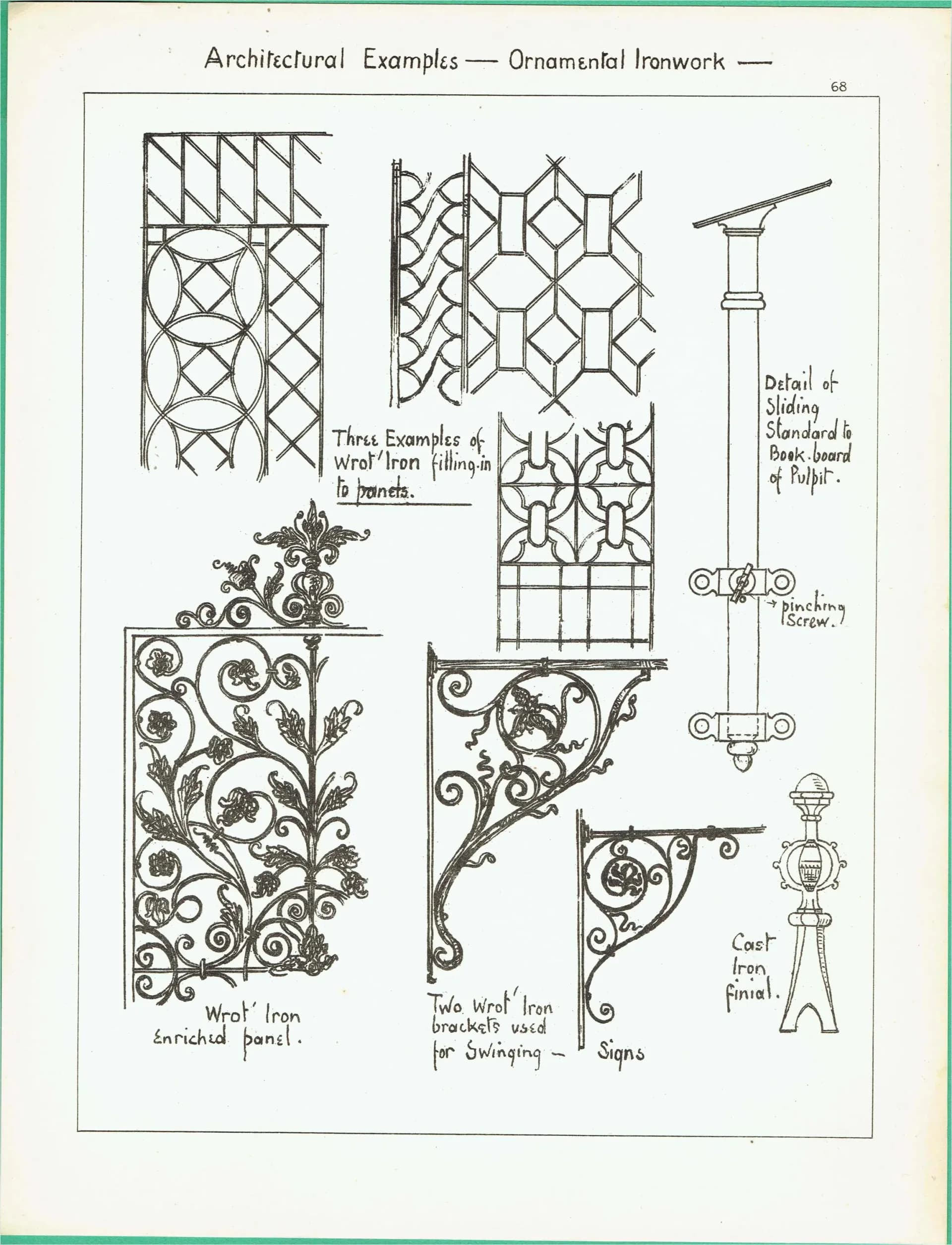 1898 Ornamental Wrought Ironwork - Filling in - Bracket - Finial - Architectural Print - W Fullerton - Building Illustration - 8 x 10.75 in