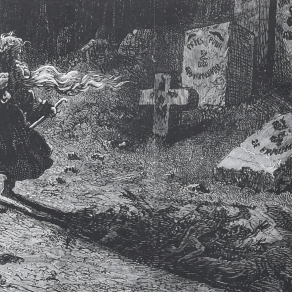 1866 Gustave Doré Legend Of The Wandering Jew Graveyard Plate 6 - Original Antique Engraving - Gothic Horror Medieval Religious - 14 x 20 in