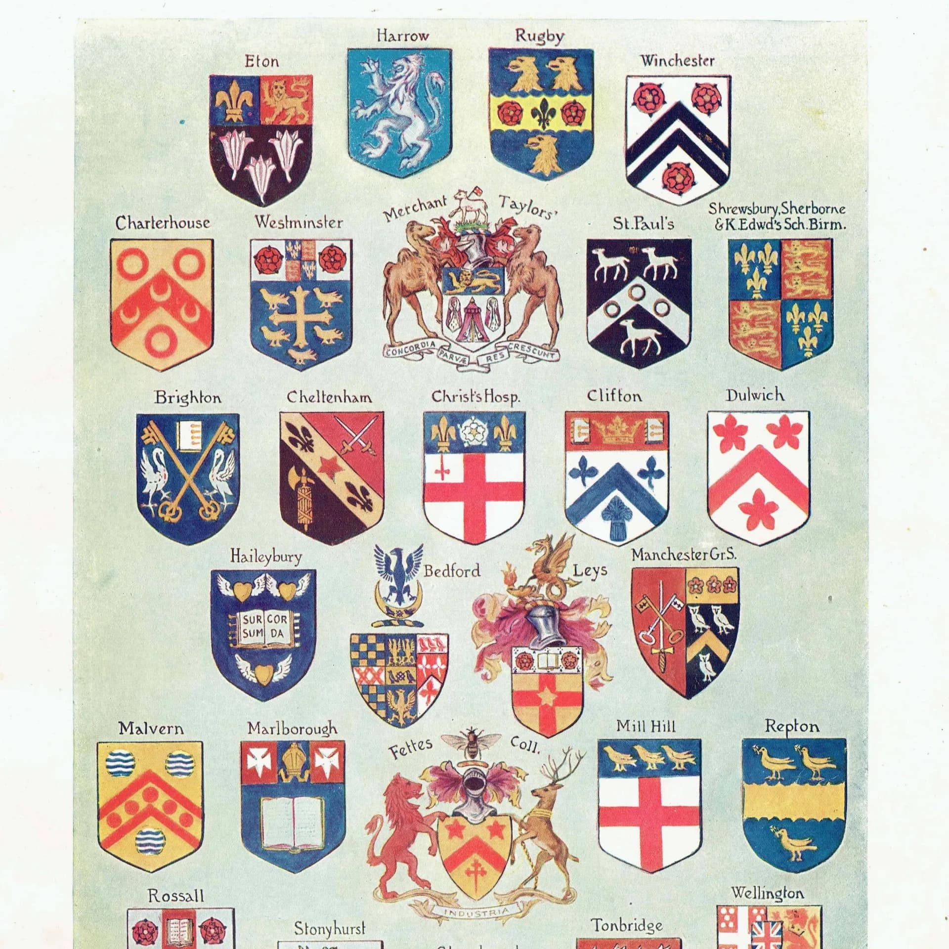 1922 British Public School Coats of Arms - Original Antique Print - Eton Harrow Rugby Winchester Heraldry Symbolism - 7.5 x 10.5 in
