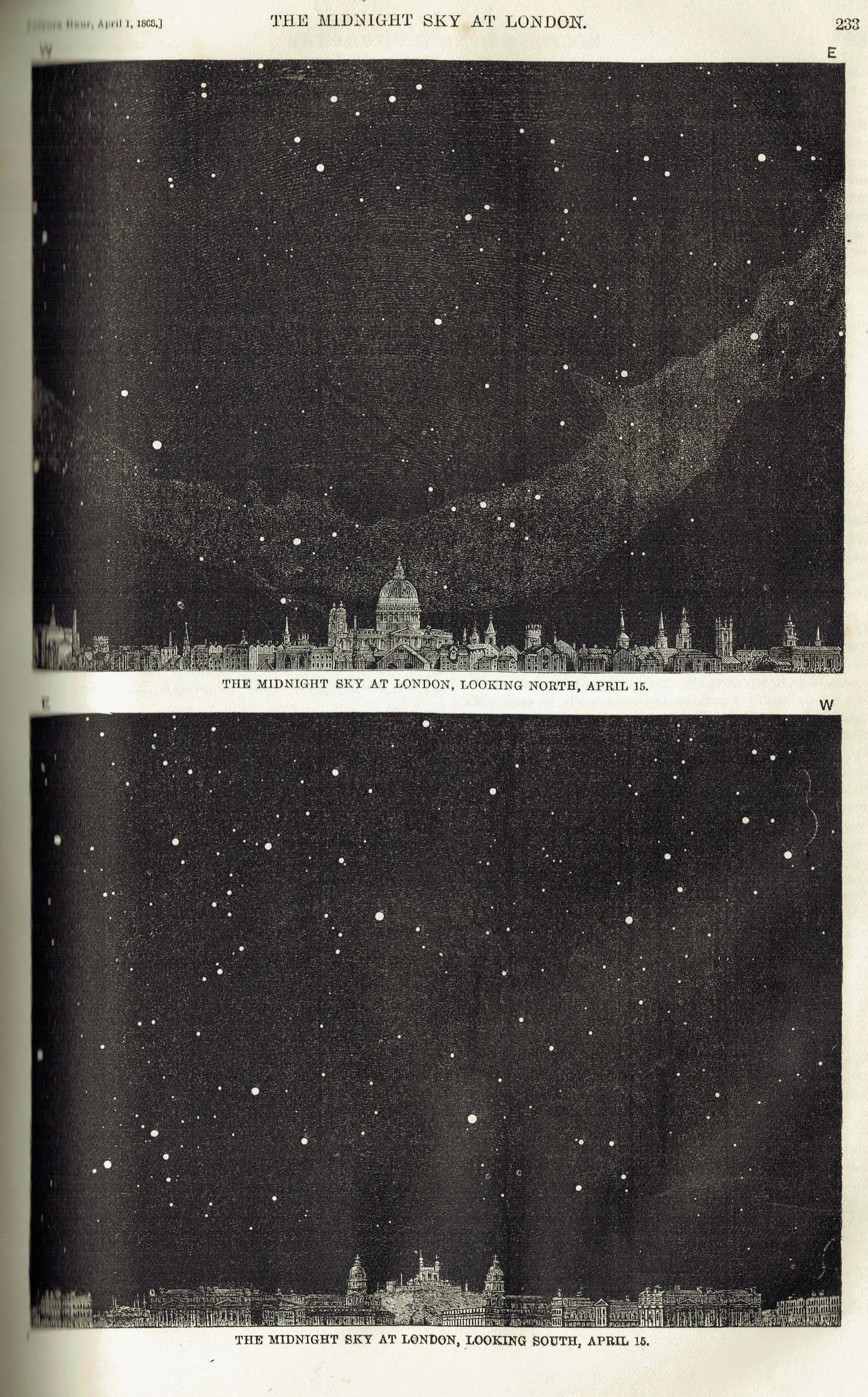 1868 Midnight Sky at London - Original Antique Star Chart - Victorian Astronomy Night Sky April Celestial Map Science - 6.25 x 10 in