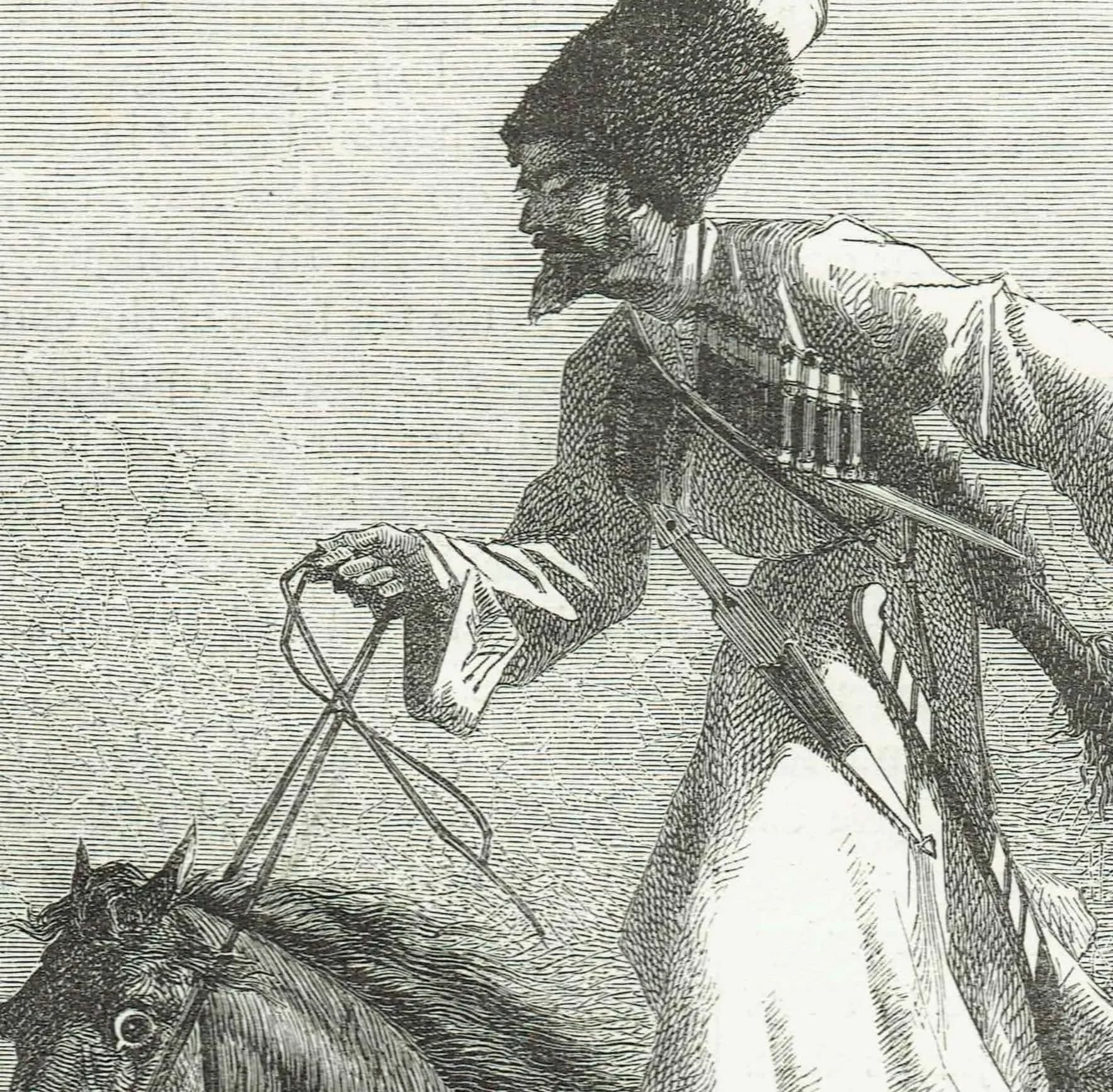 1871 Djighitoffka Cossacks - Antique Engraving By Bates - Illustrated Travels Vol 2 Cossack Horsemen - 8 x 11.5 in