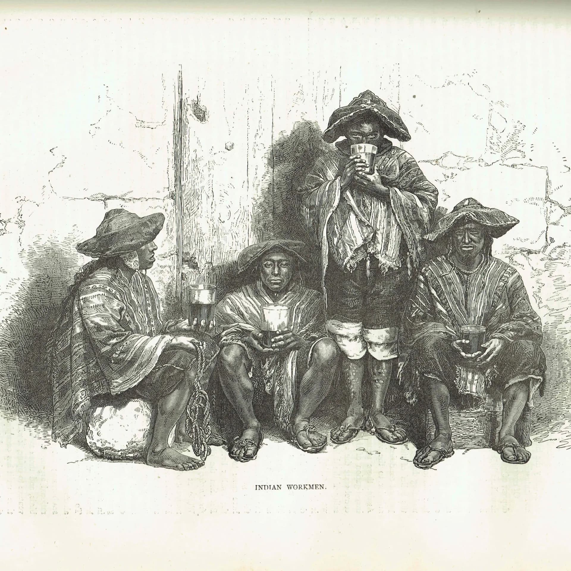1870s Peruvian Indian Workmen - Antique Print - Victorian Travel Illustration South America Portrait - 11.5 x 8 in