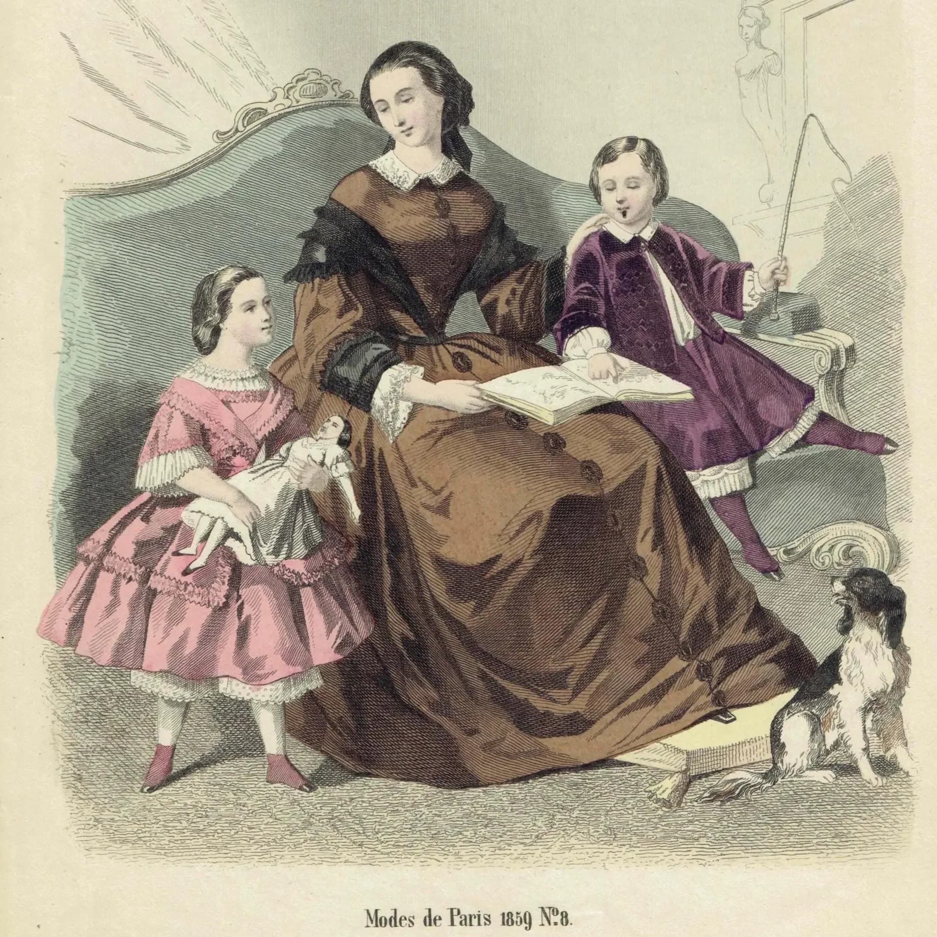 1859 Modes de Paris No.8 Print - Paris Fashion Plate - Victorian Costume Art with Mother & Children - 9.75 x 6.75 in