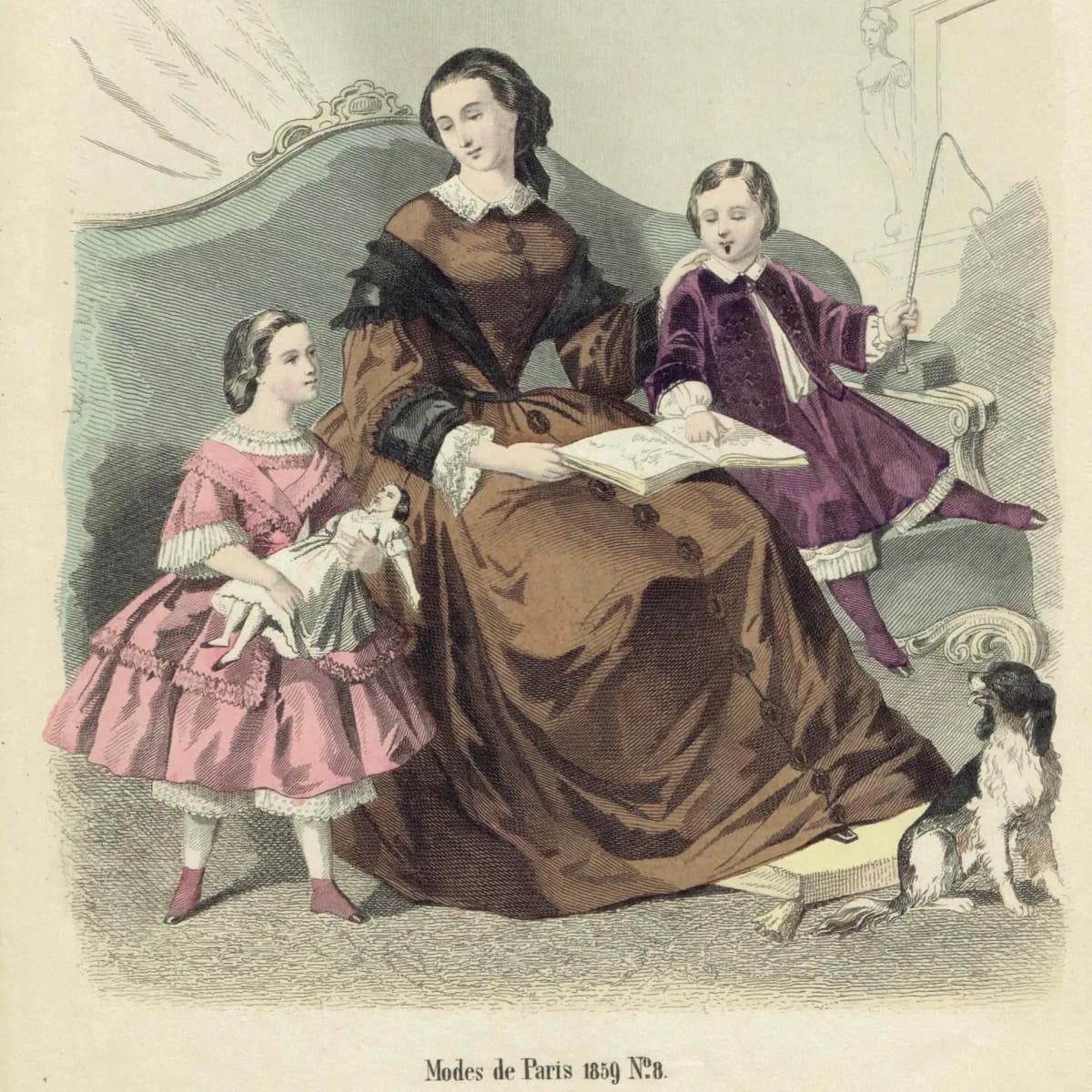 1859 Modes de Paris No.8 Print - Paris Fashion Plate - Victorian Costume Art with Mother & Children - 9.75 x 6.75 in
