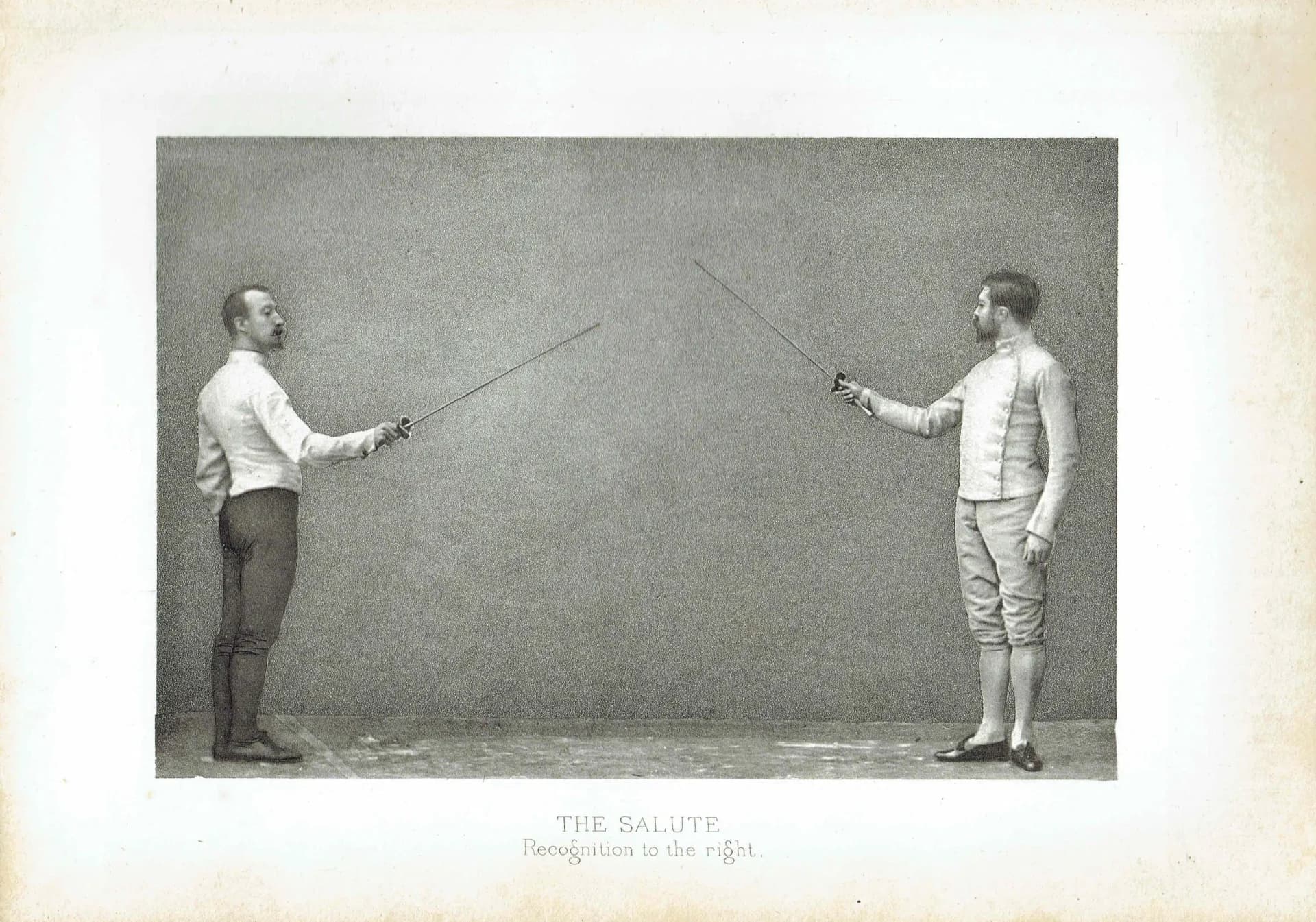 1889 Fencing Salute Recognition to the Right - Original Antique Engraving - Victorian Badminton Library Sports Instruction Manual - 5 x 7 in