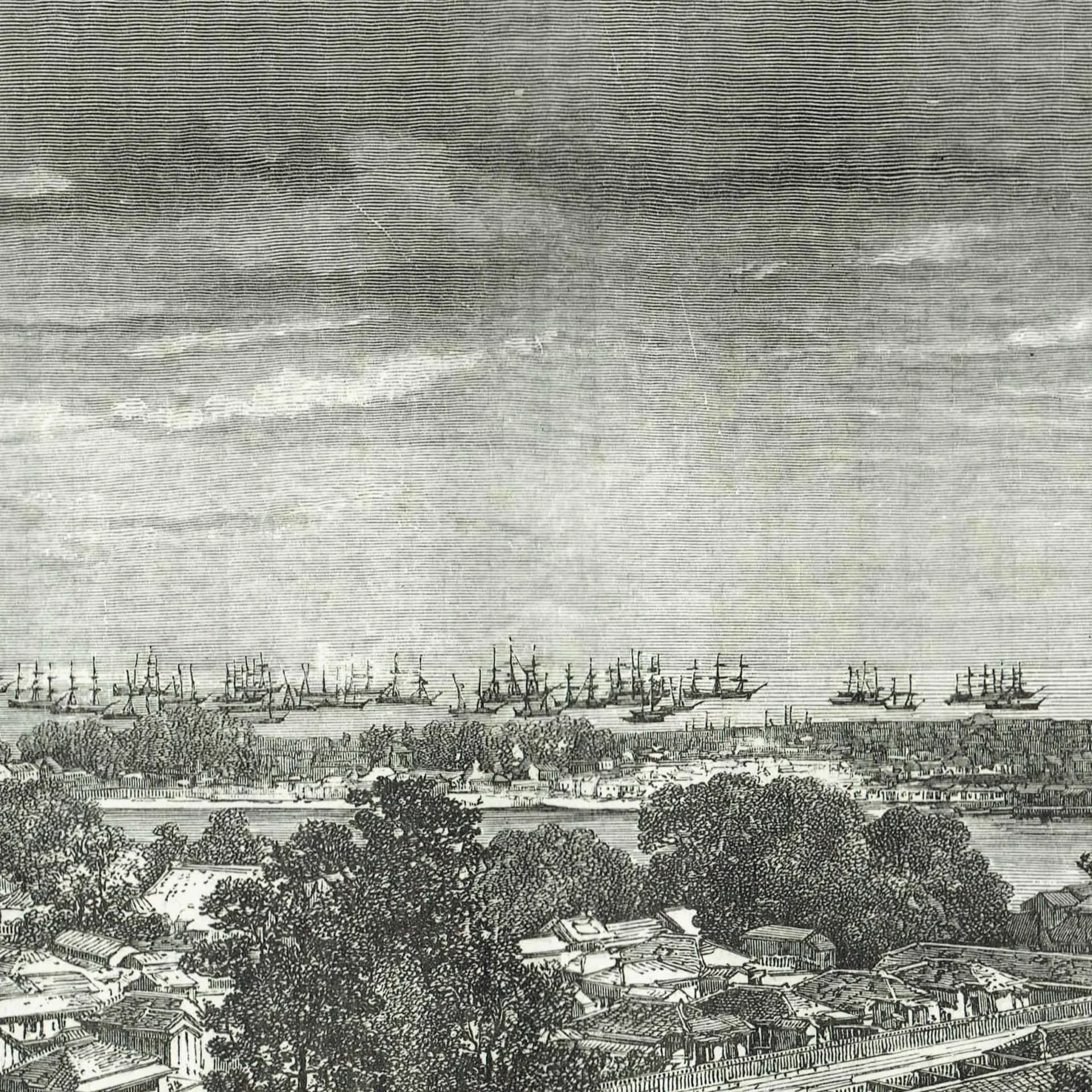 1869 Benten Panorama Japan - Original Antique Engraving - Victorian Travel Geography Harbour Ships Settlement Landscape - 11 x 8.25 in