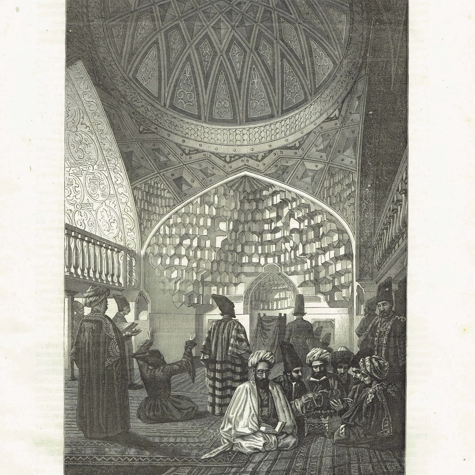 1871 Turkestan Mosque Interior - Antique Engraving By Bates - Victorian Central Asia Travel Islamic Architecture - 8 x 11.5 in