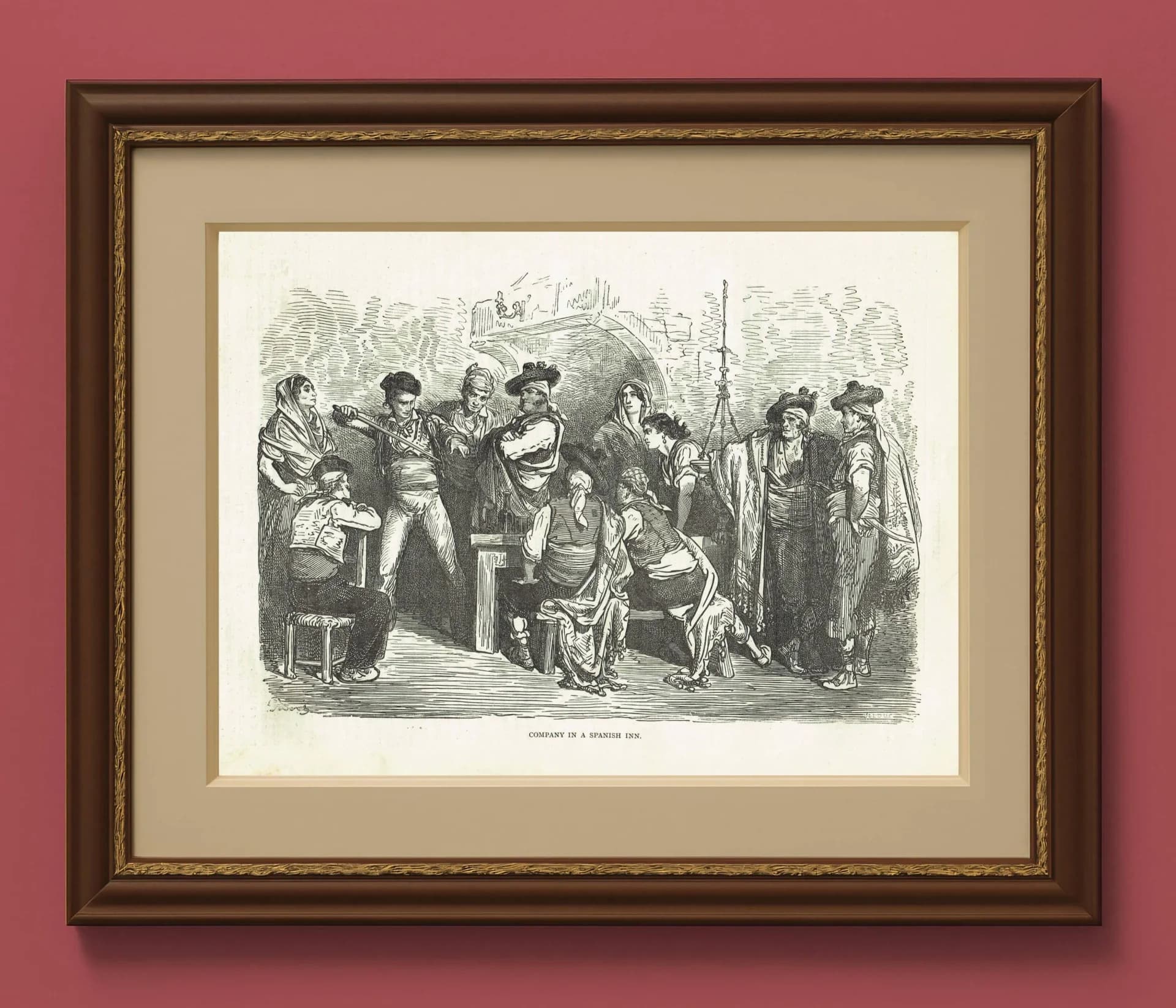 1870s Original Antique Company In A Spanish Inn Scene Woodblock Print - Victorian Travel Book Illustration - 12 x 8.5 in