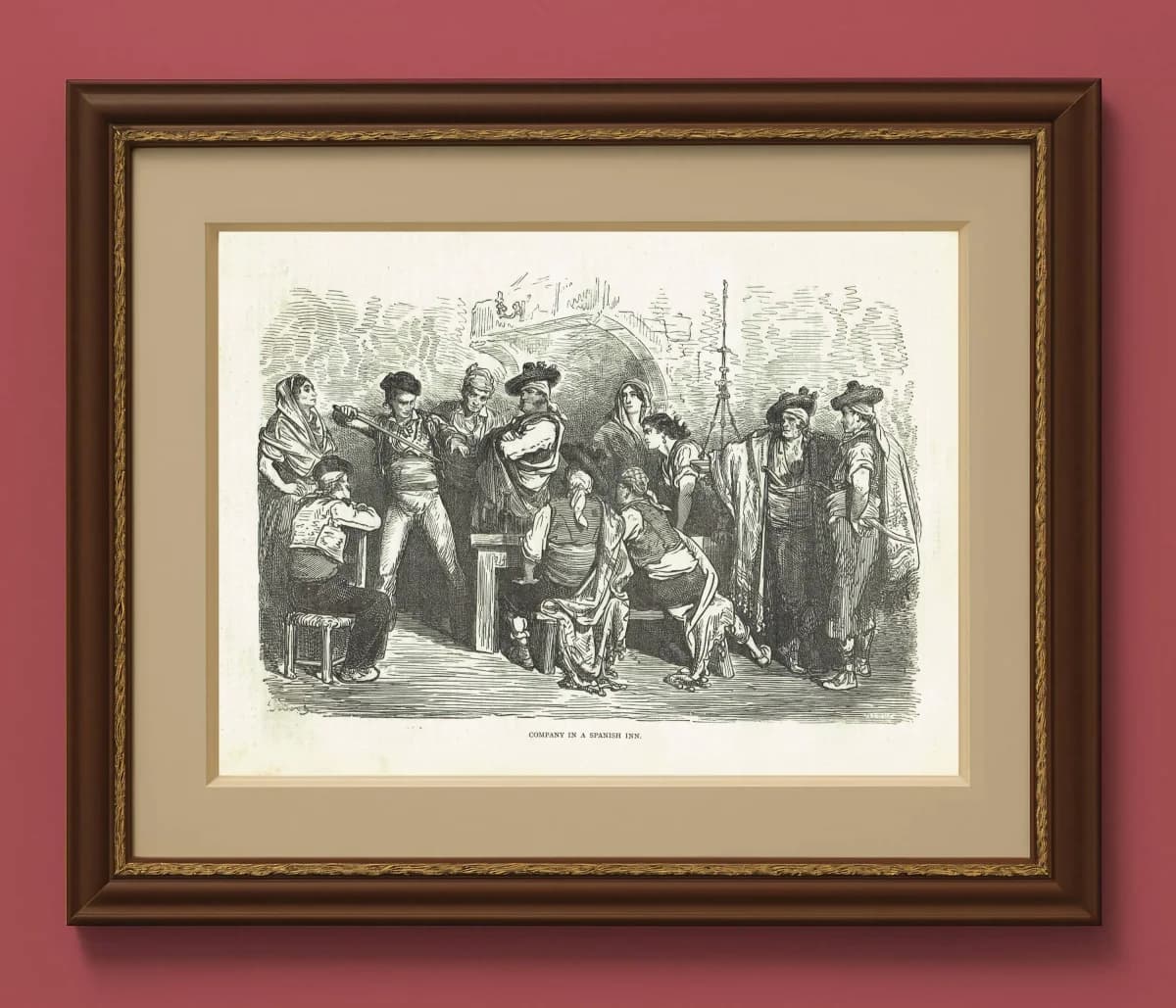 1870s Original Antique Company In A Spanish Inn Scene Woodblock Print - Victorian Travel Book Illustration - 12 x 8.5 in