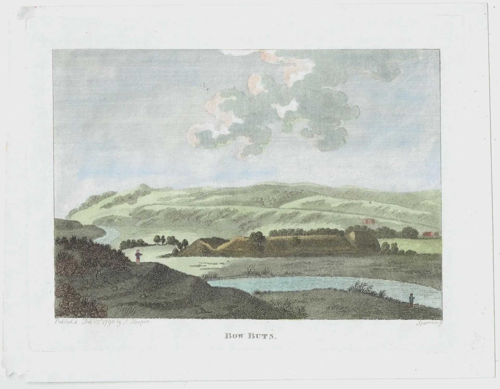 1790 Bow Butts English Landscape Print - Rural River Scene - 18th Century Antique Engraving - Countryside View by L. Parr - 6.75 x 8.75 in