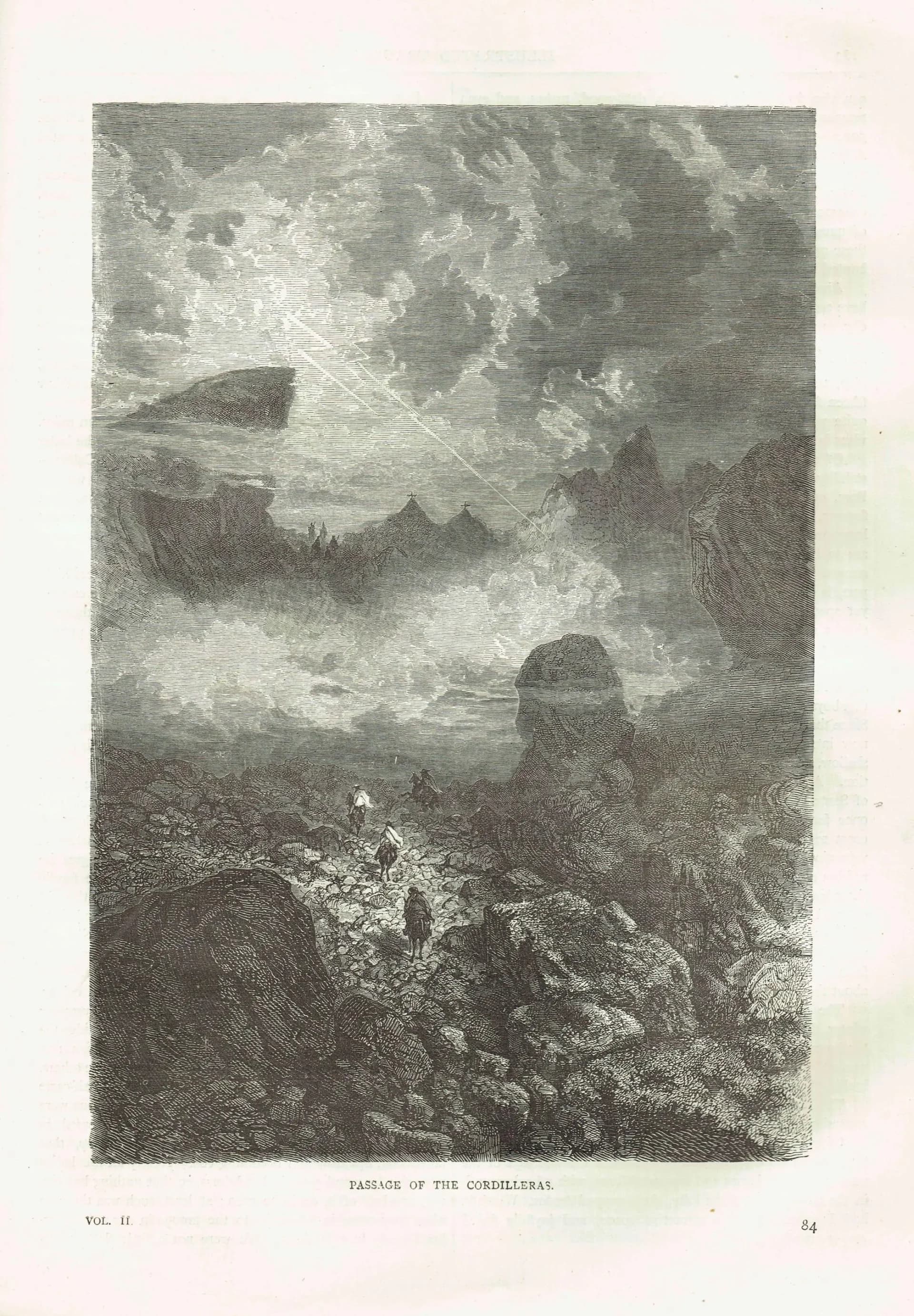 1871 Passage of the Cordilleras - Antique Engraving - Andes Mountain Travel Landscape South America Illustrated Travels 8 x 11.5 in