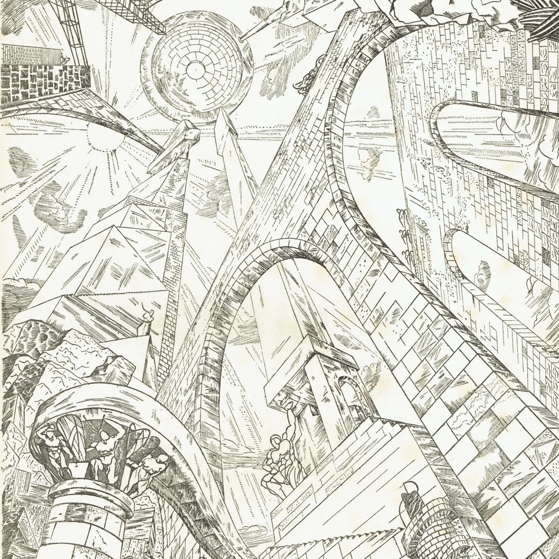 1947 Surreal Architecture Fantasy - Original Vintage Engraving By Vieillard - Soleils Paris Avant-Garde Folio French Art - 10 x 14 in