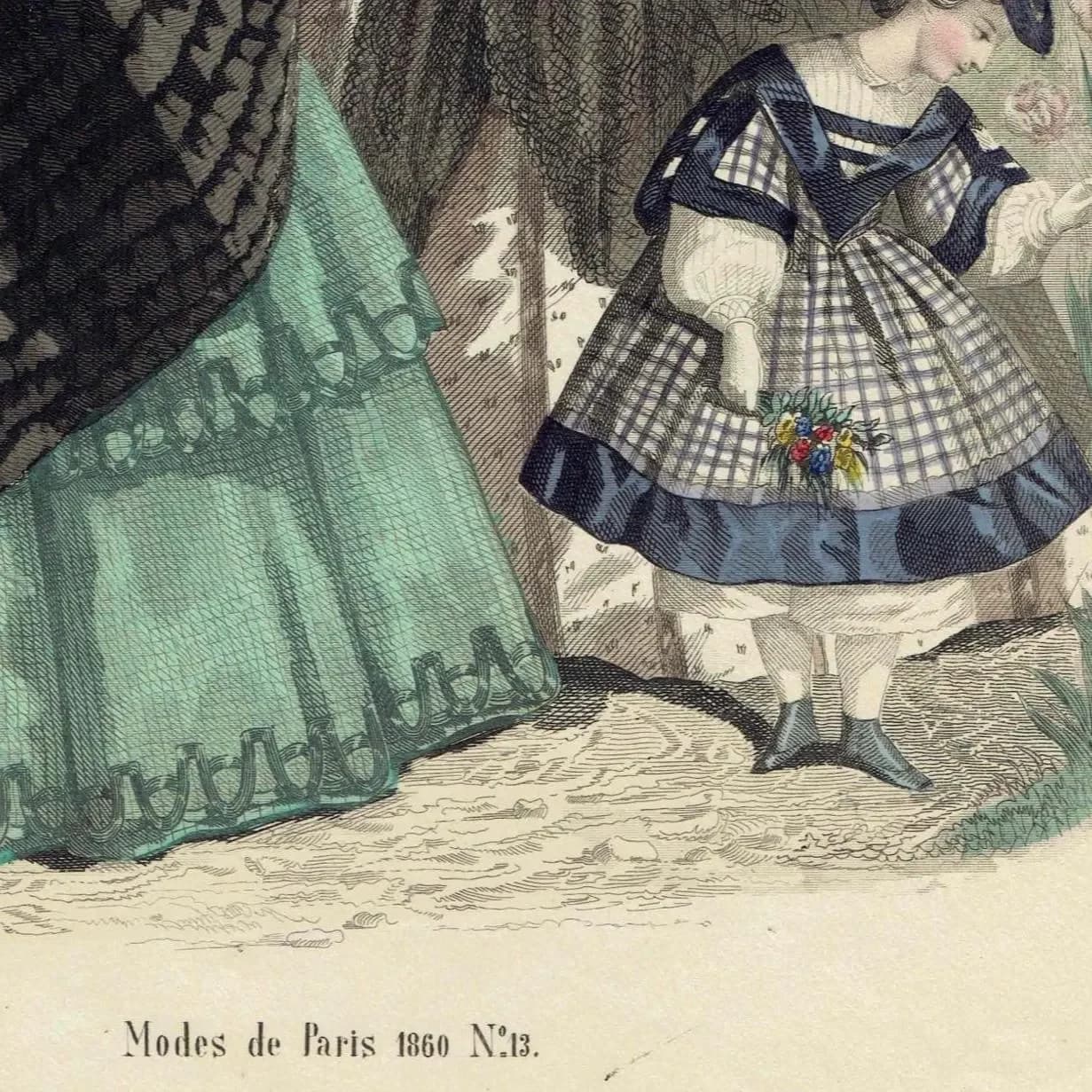 1860 Modes de Paris Fashion No.13 Print - Hand-Coloured Women & Girl’s Costume - Paris Style 1860 - 9.5 x 6.5 in
