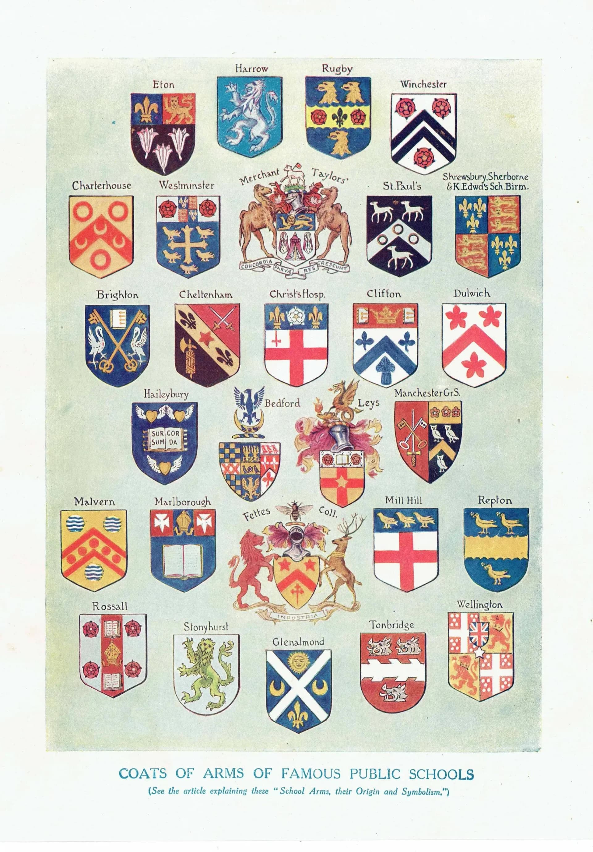 1922 British Public School Coats of Arms - Original Antique Print - Eton Harrow Rugby Winchester Heraldry Symbolism - 7.5 x 10.5 in