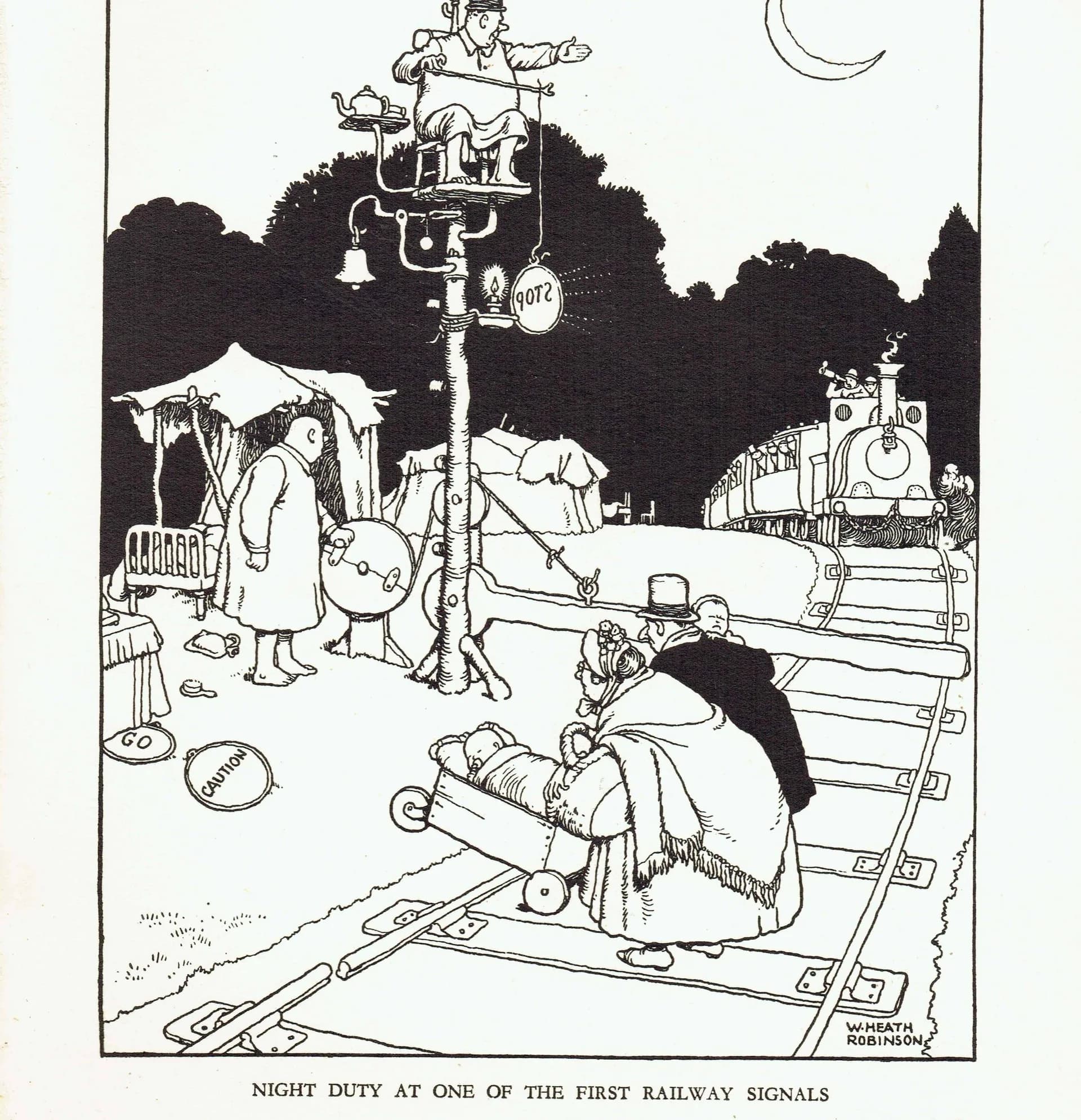 1935 Railway Signals Cartoon - Original Vintage Print By Heath Robinson - Great Western Railway Centenary Humour - 7 x 9.5 in