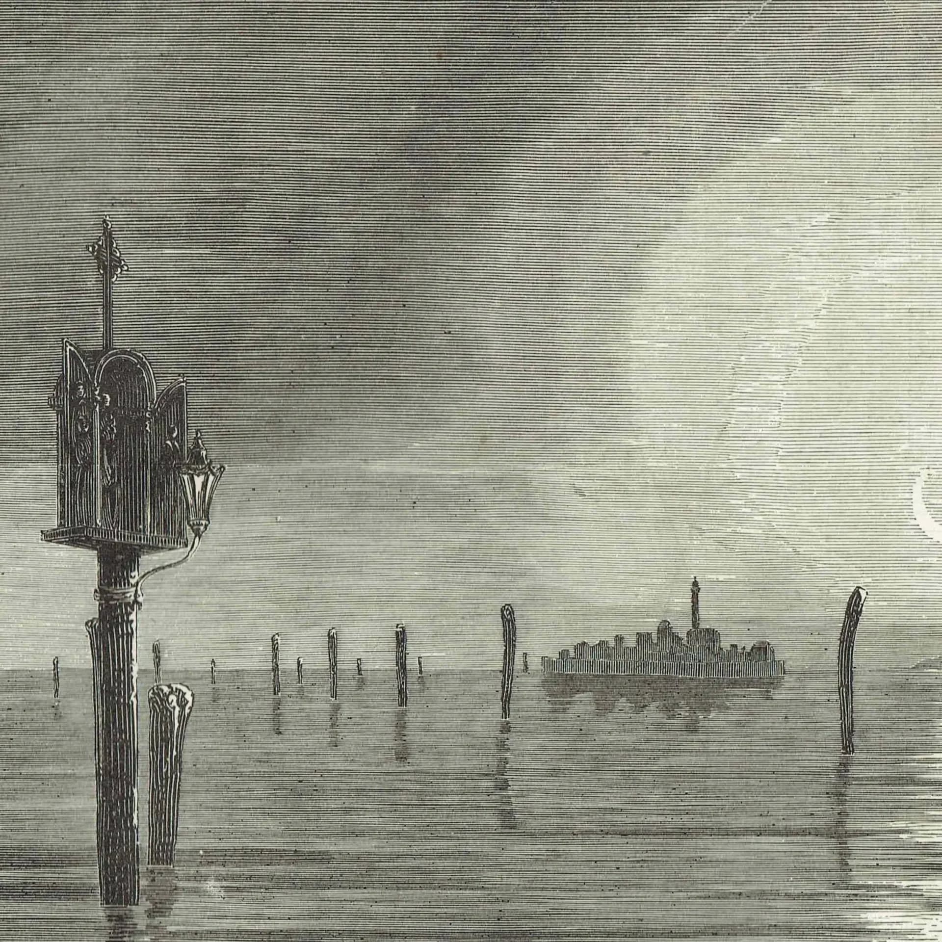 1871 Venice Lagoon by Moonlight - Antique Engraving By Bates - Italian Gondola Nocturnal Landscape Travel Scene Italy - 11.5 x 8 in