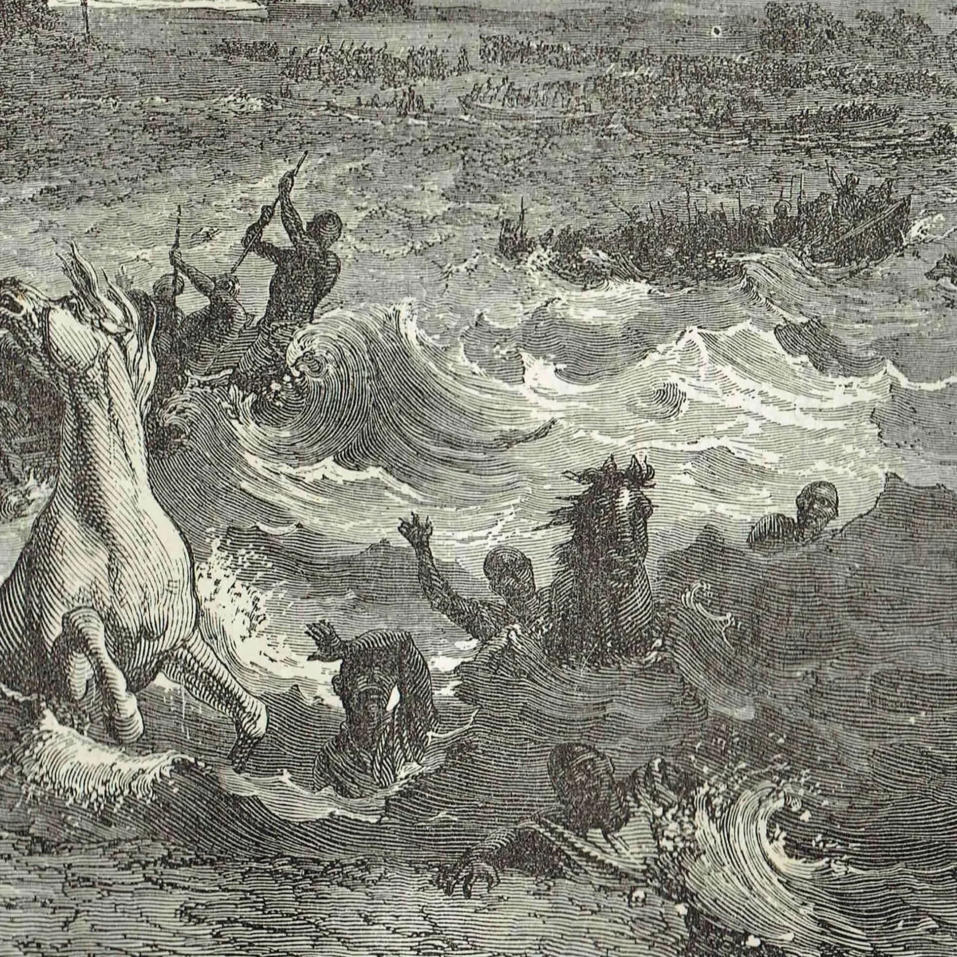 1871 Ahmadou's Army Crossing the Niger - Antique Engraving - West Africa Historical Scene Victorian Travel - 11.5 x 8 in
