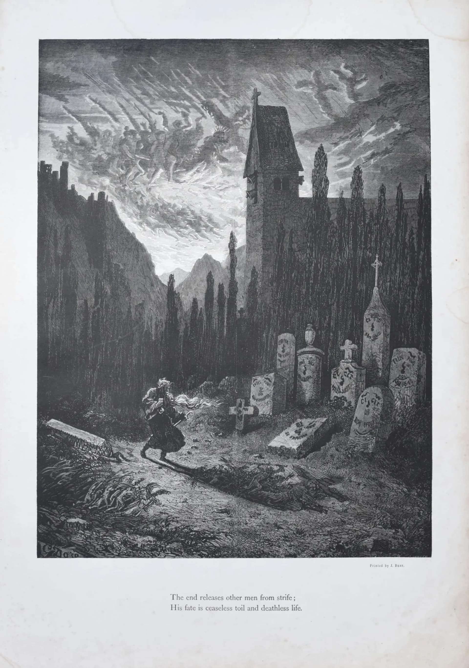 1866 Gustave Doré Legend Of The Wandering Jew Graveyard Plate 6 - Original Antique Engraving - Gothic Horror Medieval Religious - 14 x 20 in