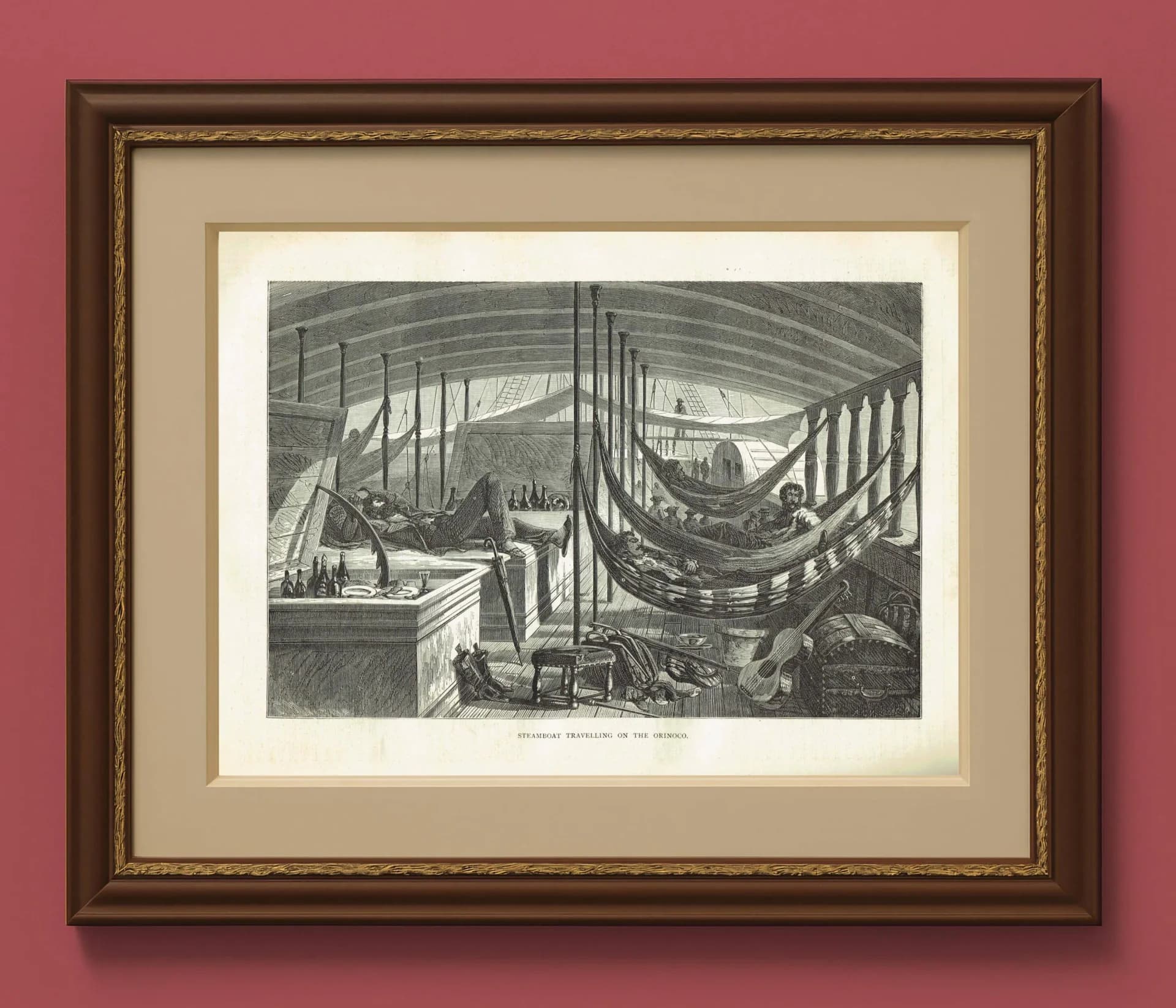 1870s Steamboat Interior Woodblock Original Victorian Print - Orinoco River Travel - Antique Book Illustration - 12 x 8.5 in