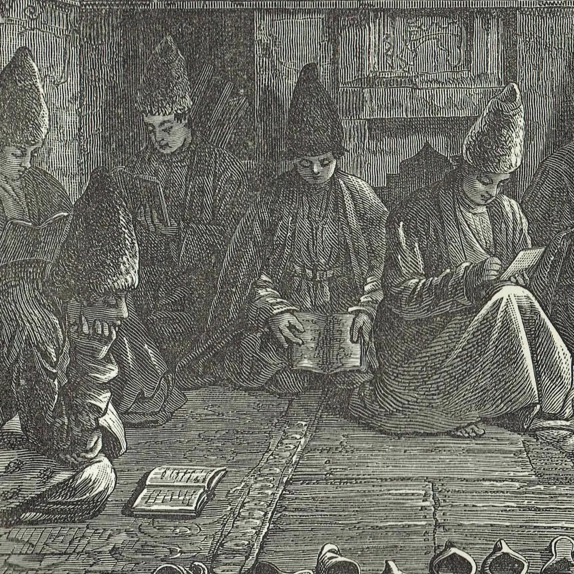 1871 Tartar School Interior - Antique Engraving - Illustrated Travels Victorian Central Asia Portrait Scene - 11.5 x 8 in
