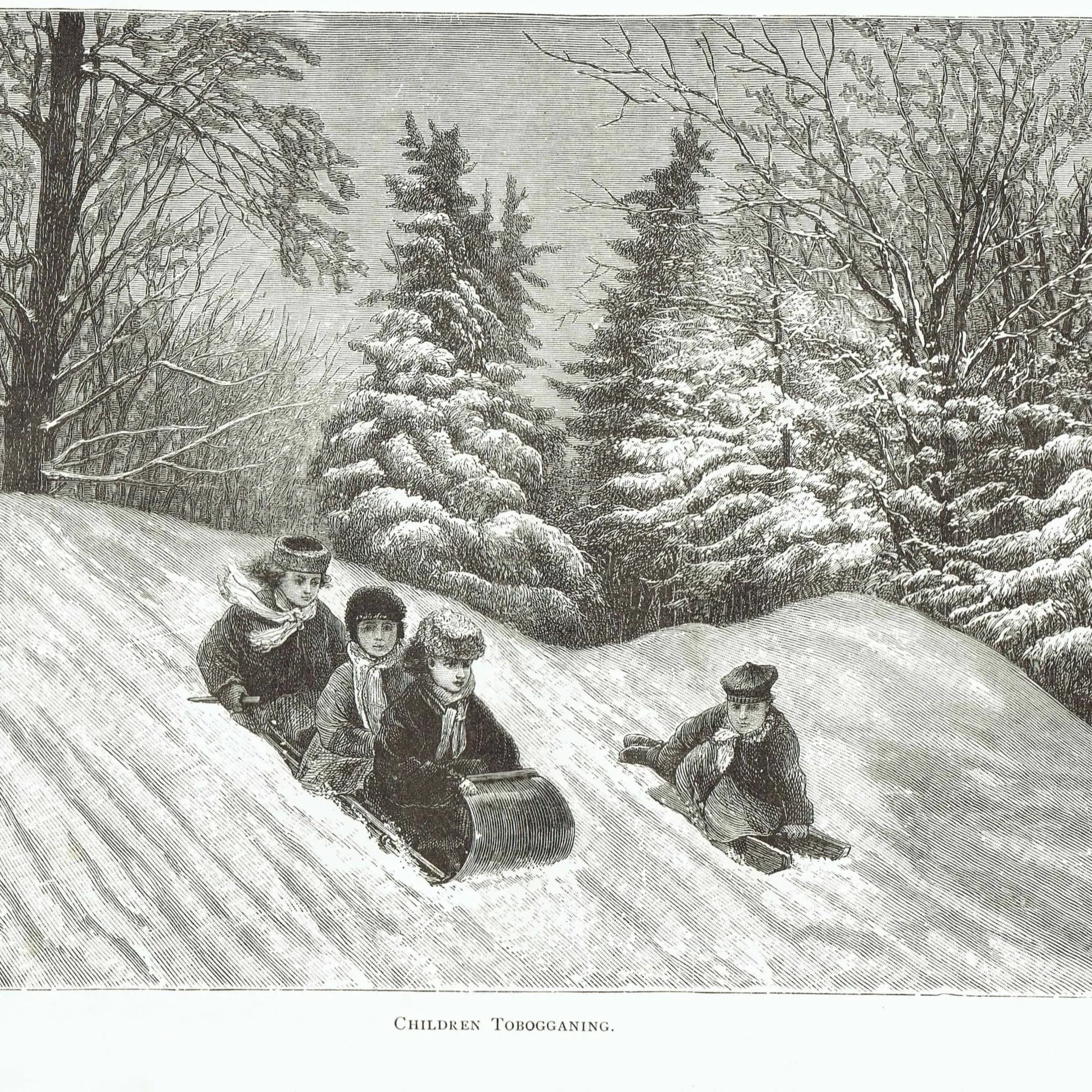 1885 Children Tobogganing Canada - Antique Print By Lorne - Canadian Winter Scene Victorian Sledding Snow Landscape - 10 x 7 in