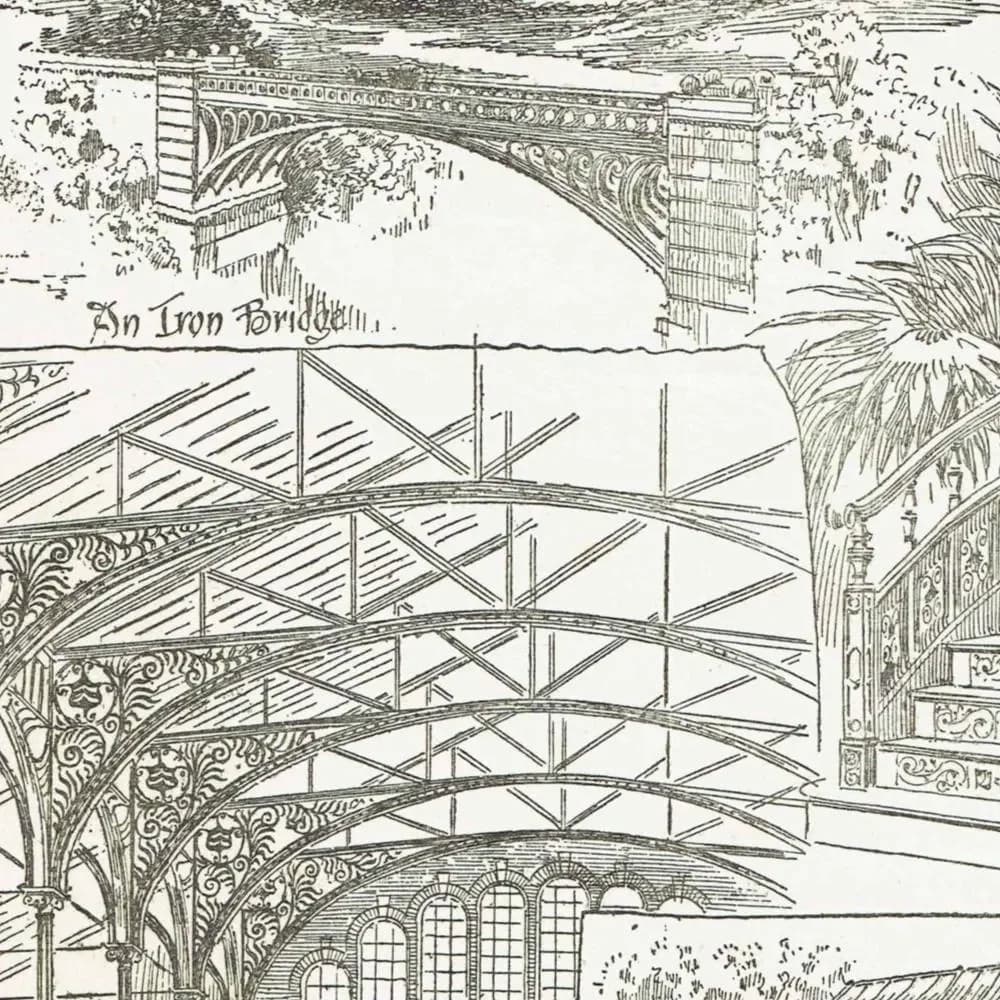 1898 Architectural Ironwork Print - St Pancras Ironwork Co Designs, Bridges, Roofs & Spiral Stair - Antique Plate - 8 x 10.75 in