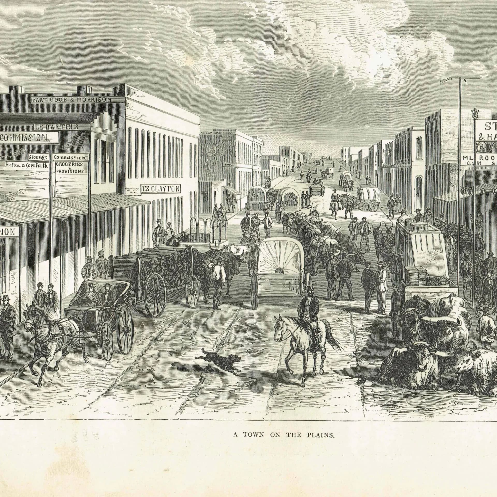 1875 A Town on the Plains - Antique Engraving By Bates - American West Frontier Street Scene Historical Print - 11.5 x 8 in