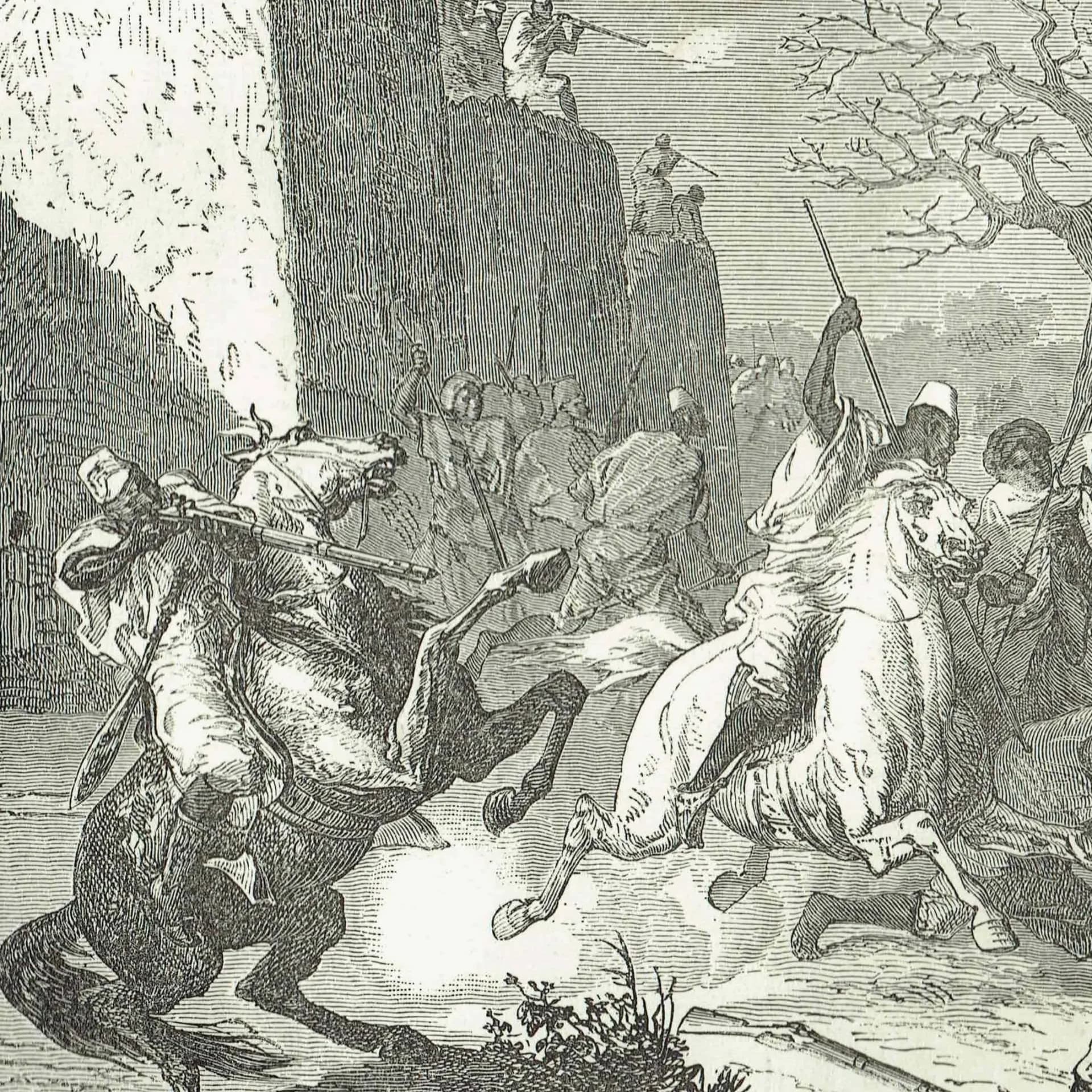 1871 Bambaras Attack the Besiegers - Antique Engraving - West Africa Battle Scene Illustrated Travels - 11.5 x 8 in