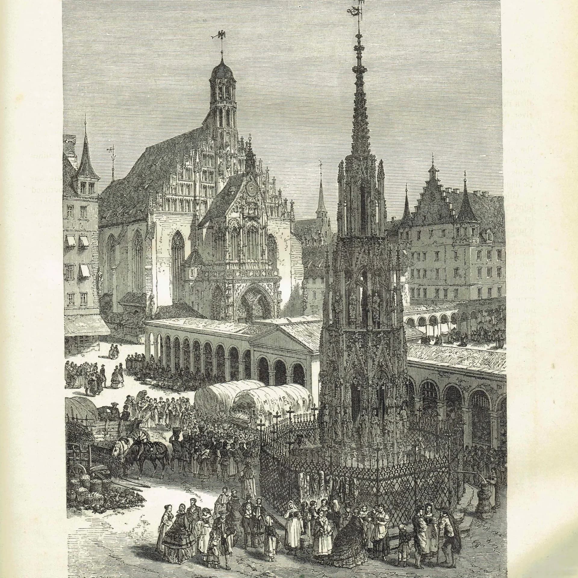 1875 Schönebrunnen Nuremberg - Antique Engraving - Illustrated Travels Bates Victorian Germany Market Scene - 8 x 11.5 in
