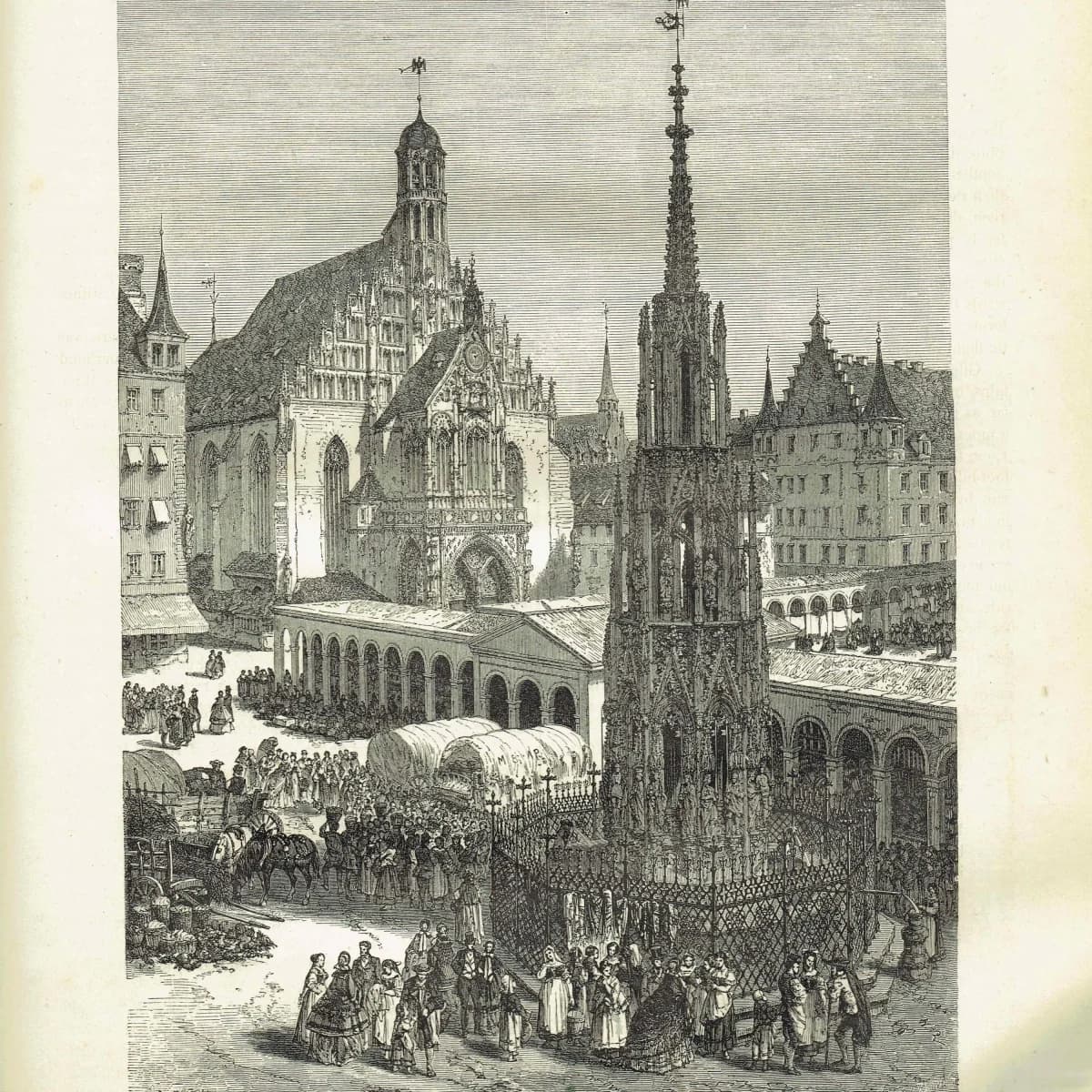 1875 Schönebrunnen Nuremberg - Antique Engraving - Illustrated Travels Bates Victorian Germany Market Scene - 8 x 11.5 in