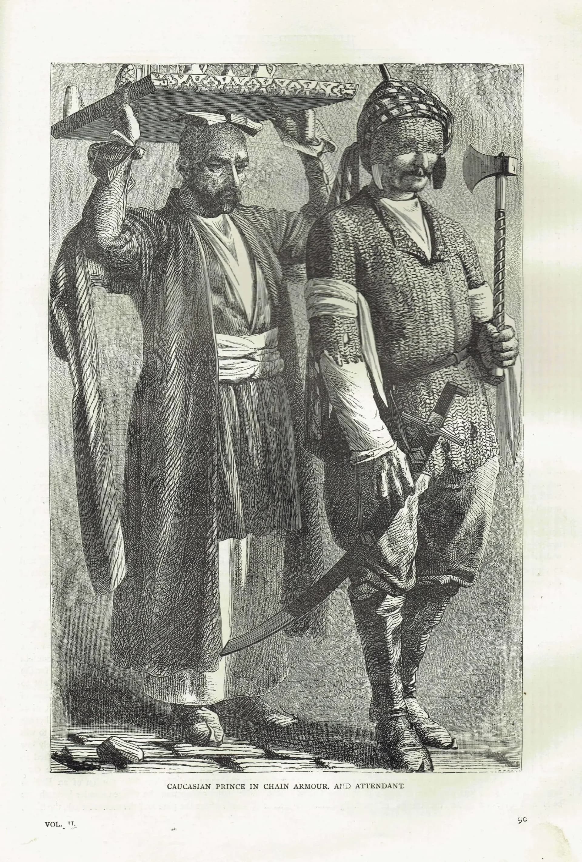 1870s Caucasian Prince in Chain Armour - Antique Print - Victorian Travel Portrait Caucasus Warrior Illustration - 8 x 11.5