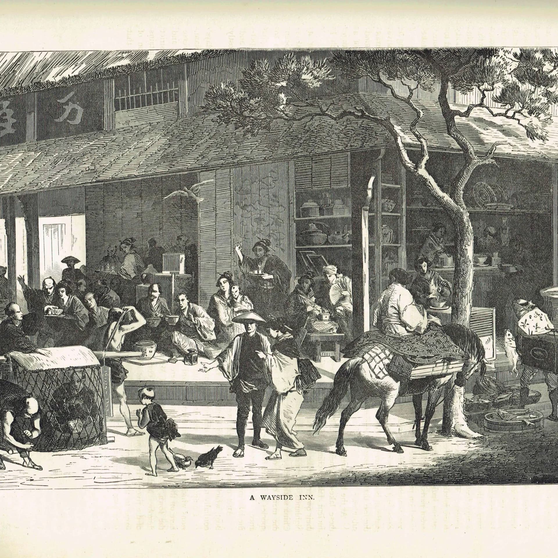 1875 Japanese Wayside Inn - Antique Engraving - Illustrated Travels Vol 6 Bates Japan Scene Horse - 11.5 x 8 in