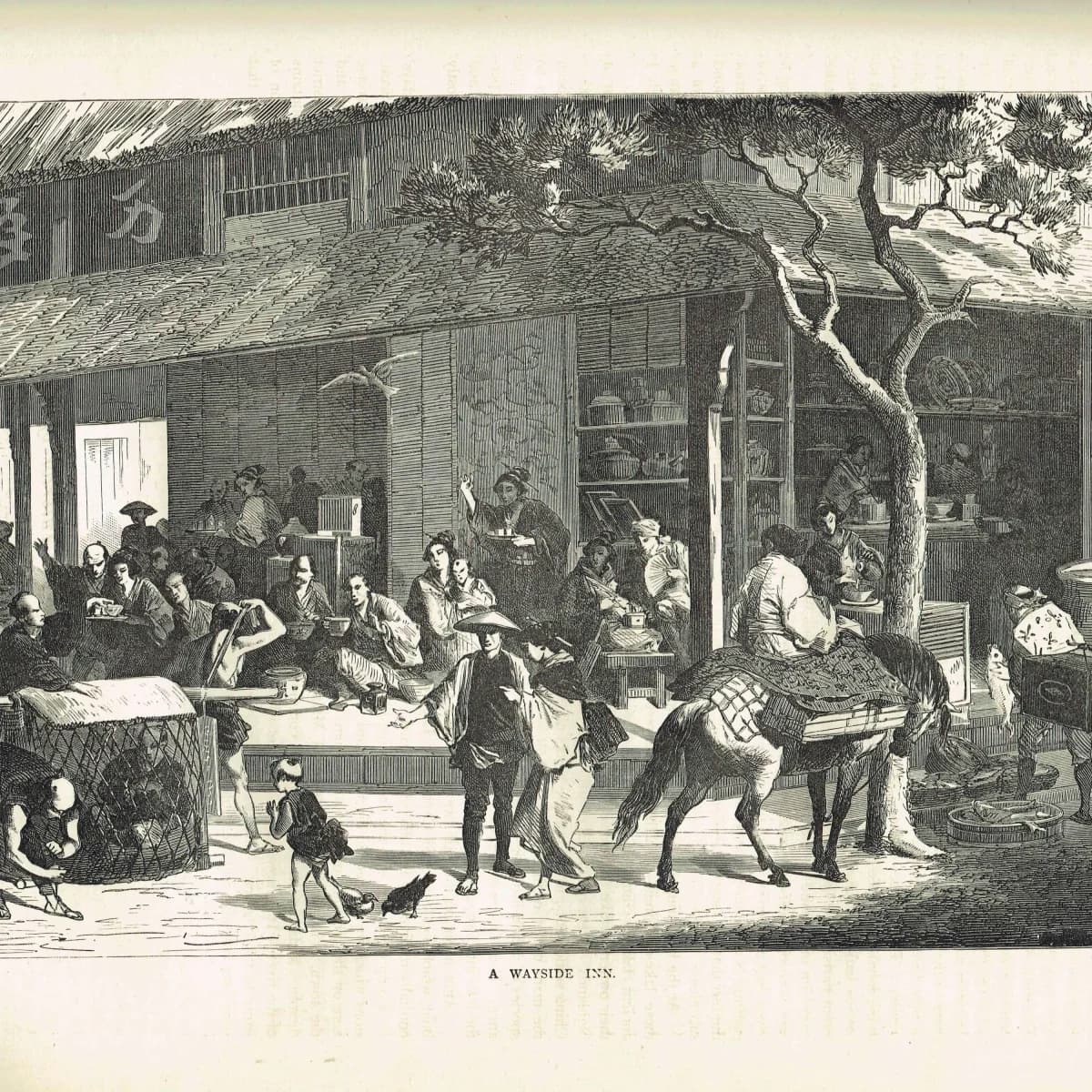 1875 Japanese Wayside Inn - Antique Engraving - Illustrated Travels Vol 6 Bates Japan Scene Horse - 11.5 x 8 in