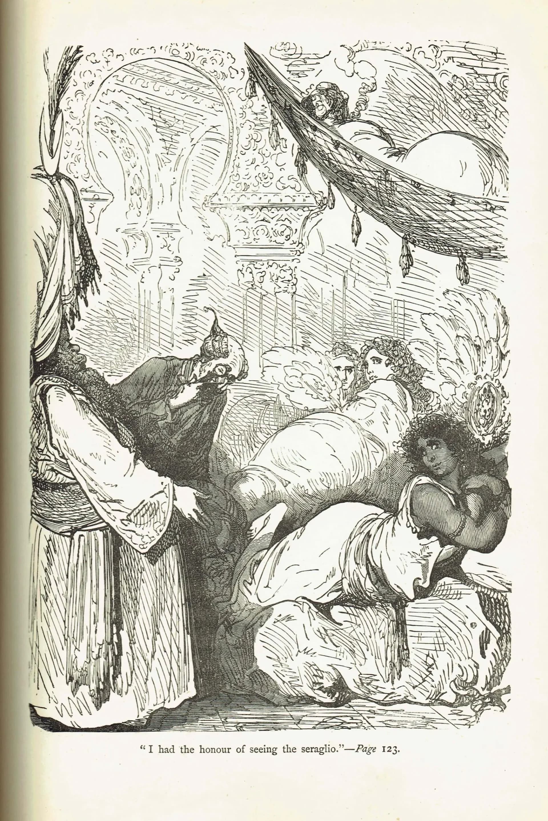 1867 Baron Munchausen Seraglio - Original Antique Print By Doré - Fantasy Adventure Tale Victorian Literature - 6 x 9 in