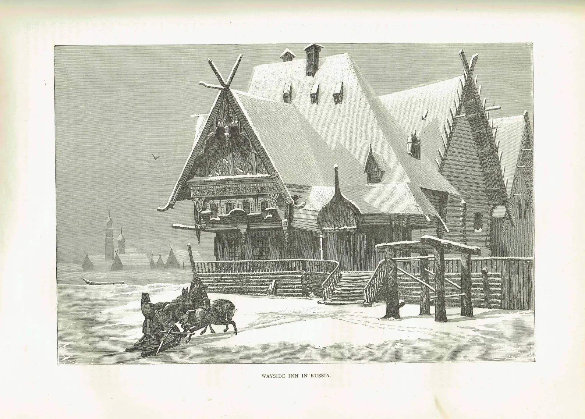 1870s Wayside Inn in Russia - Antique Woodblock Print - Victorian Travel Illustration Winter Sleigh Scene - 11.5 x 8 in